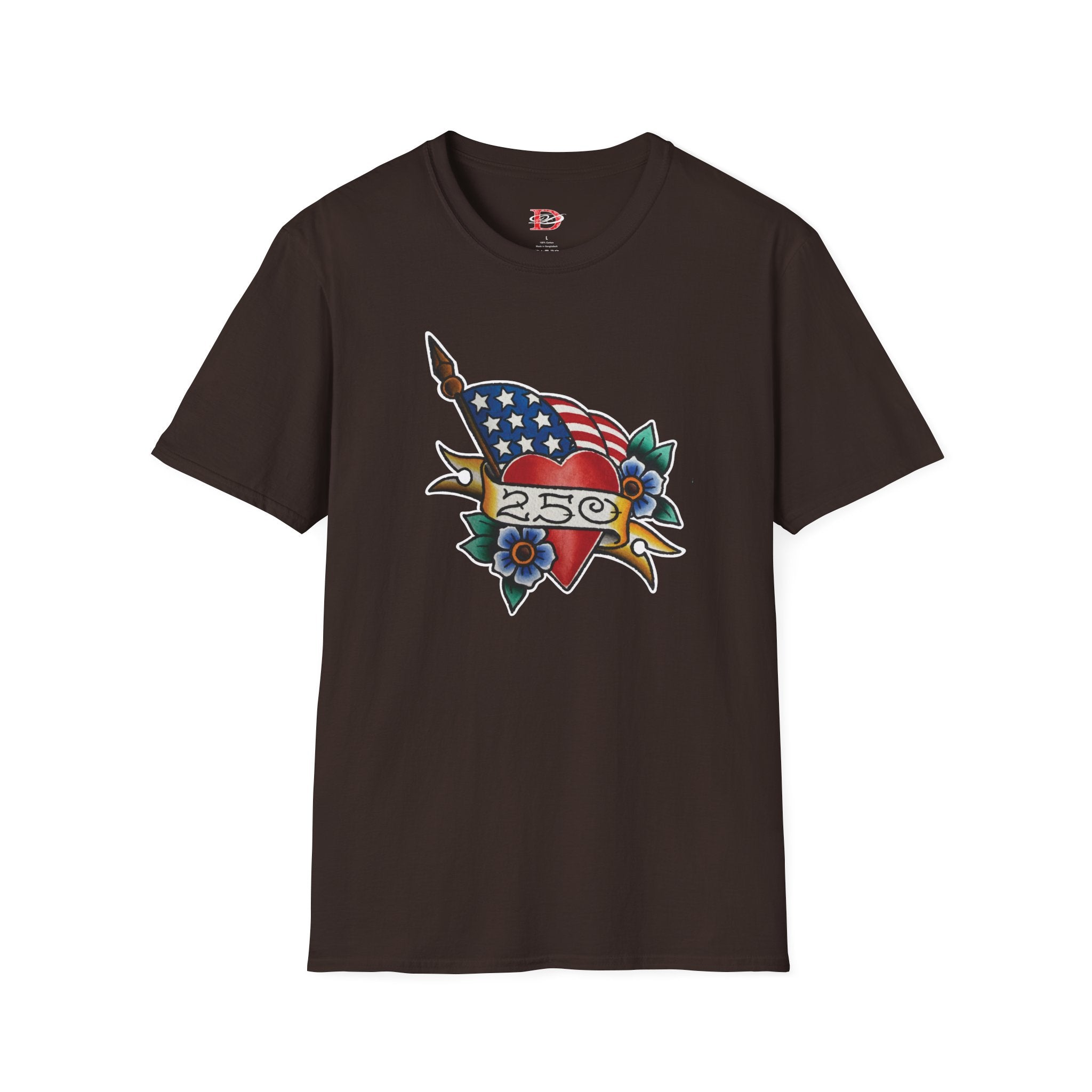 250th Anniversary American Flag and Heart Tattoo Unisex Softstyle T‑Shirt