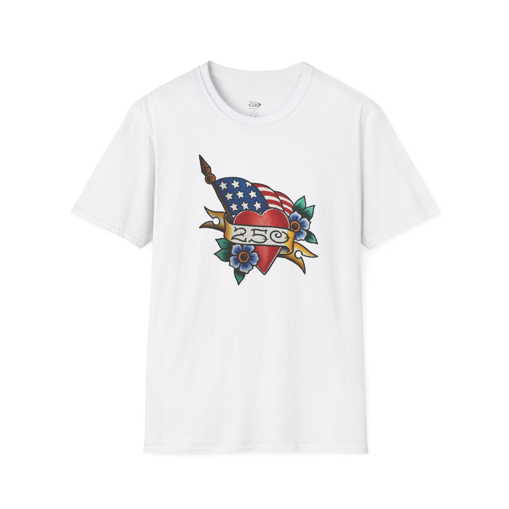 250th Anniversary American Flag and Heart Tattoo Unisex Softstyle T‑Shirt