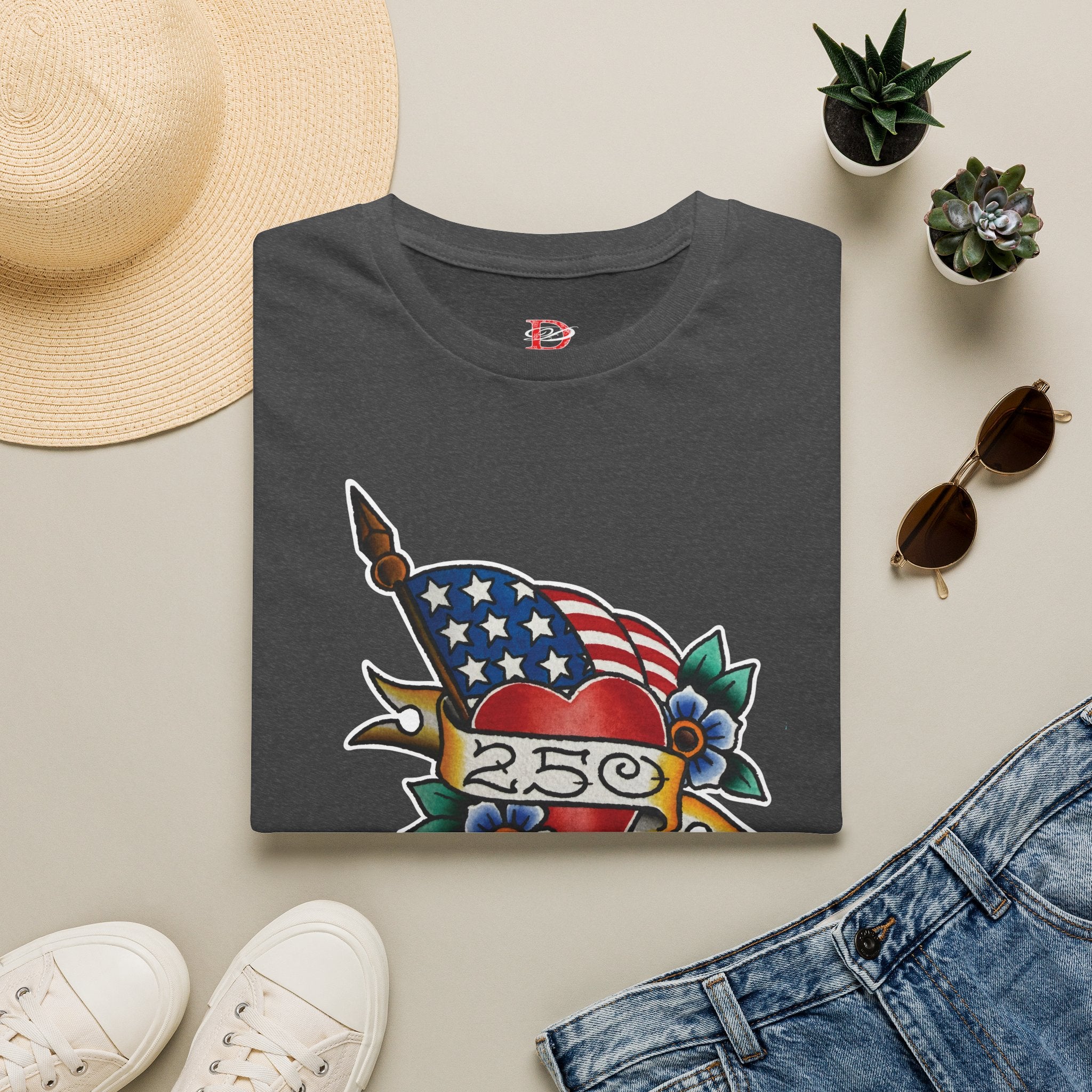 250th Anniversary American Flag and Heart Tattoo Unisex Softstyle T‑Shirt