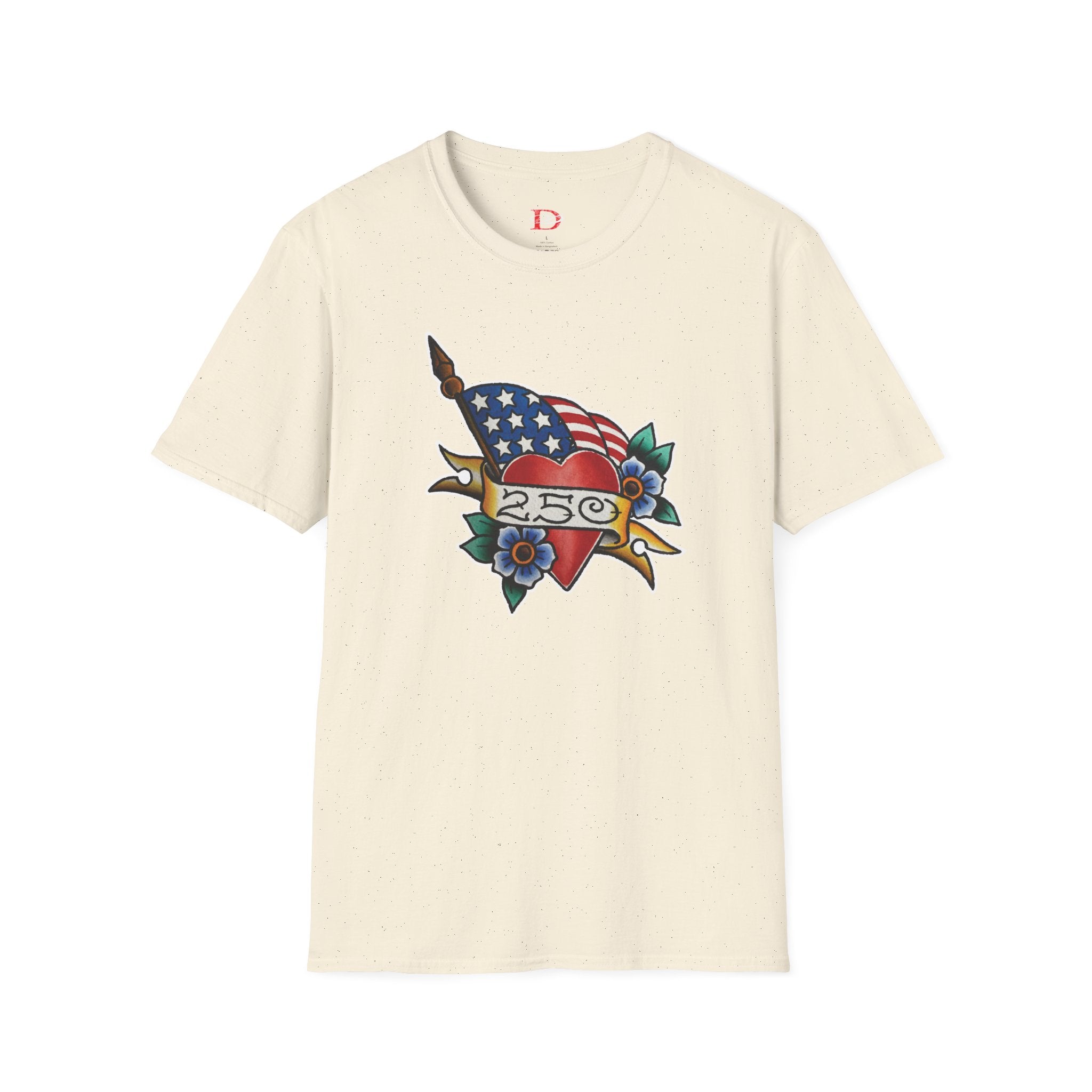 250th Anniversary American Flag and Heart Tattoo Unisex Softstyle T‑Shirt