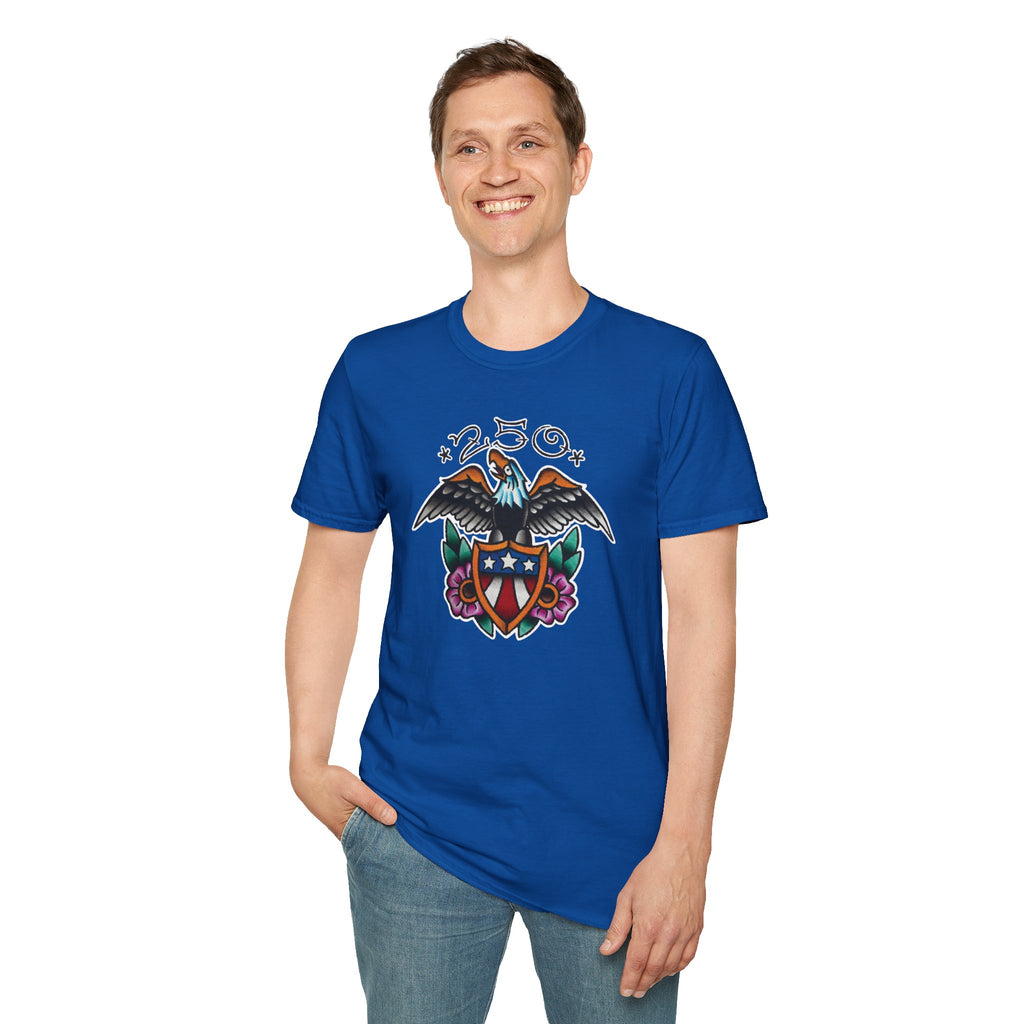 250th Anniversary Eagle w/Flag Shield Tattoo Unisex Softstyle T‑Shirt