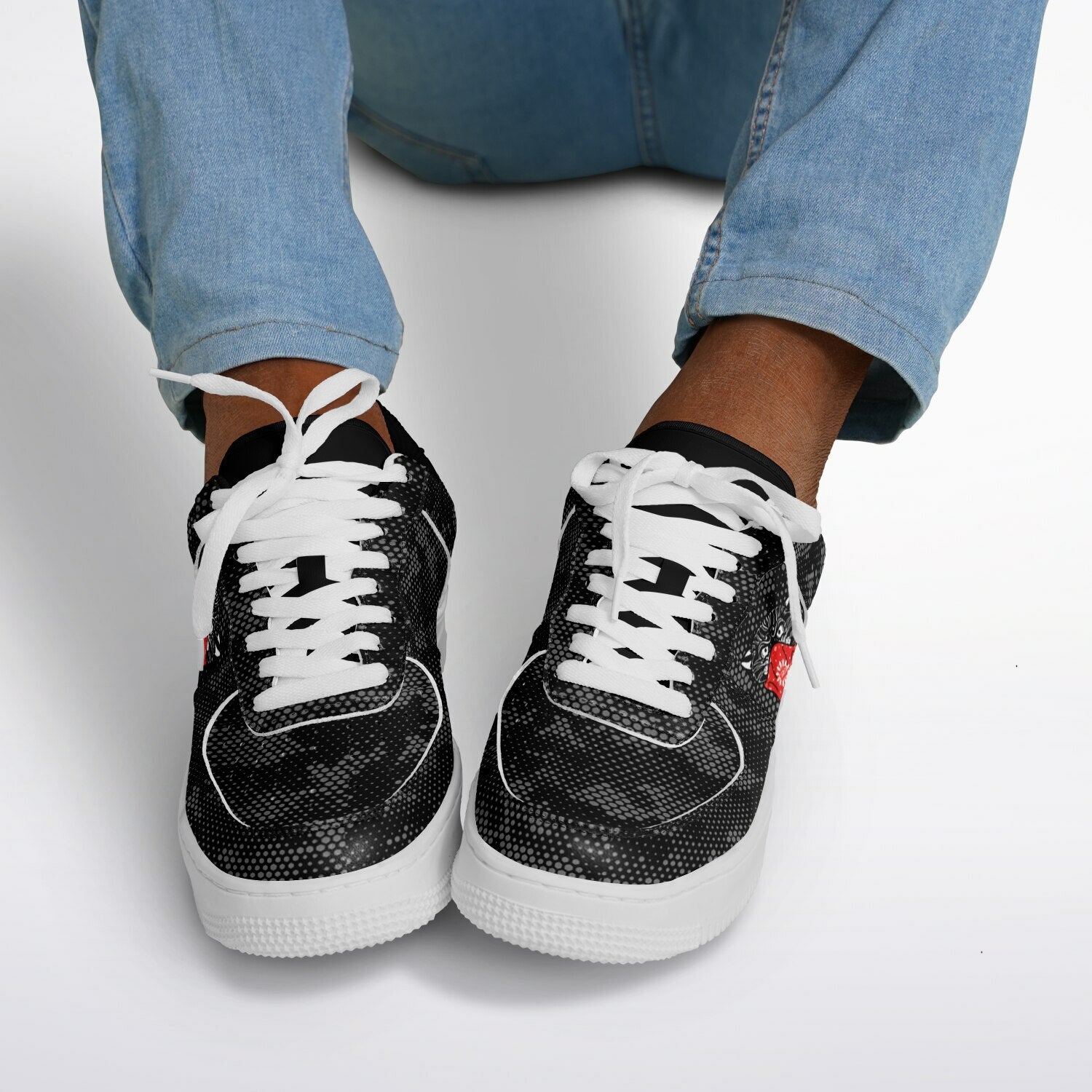 DD Low Top Sneakers in Digital Hexagon Urban Camo Pattern w/Bandito Panther and Box Logo AOP
