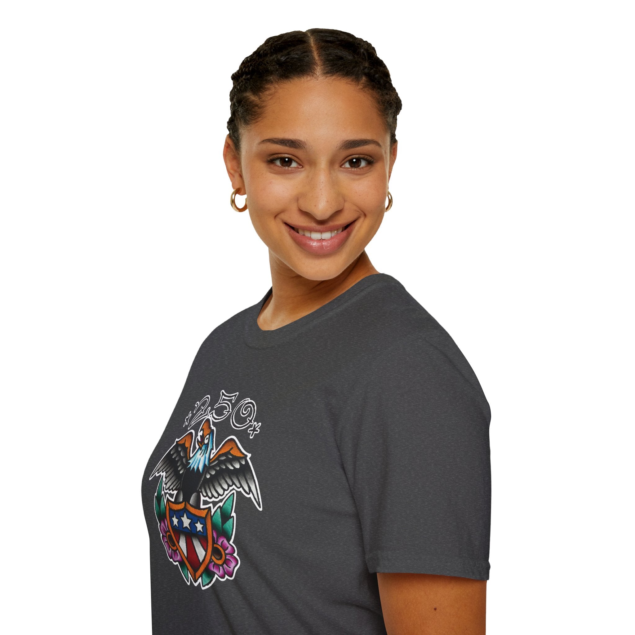 250th Anniversary Eagle w/Flag Shield Tattoo Unisex Softstyle T‑Shirt