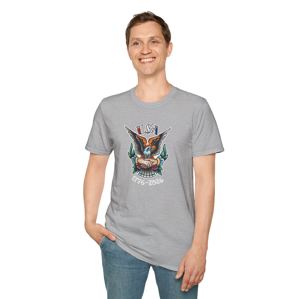 250th Anniversary 1776-2026 Clasped Hands w/Eagle Unisex Softstyle Tattoo T‑Shirt