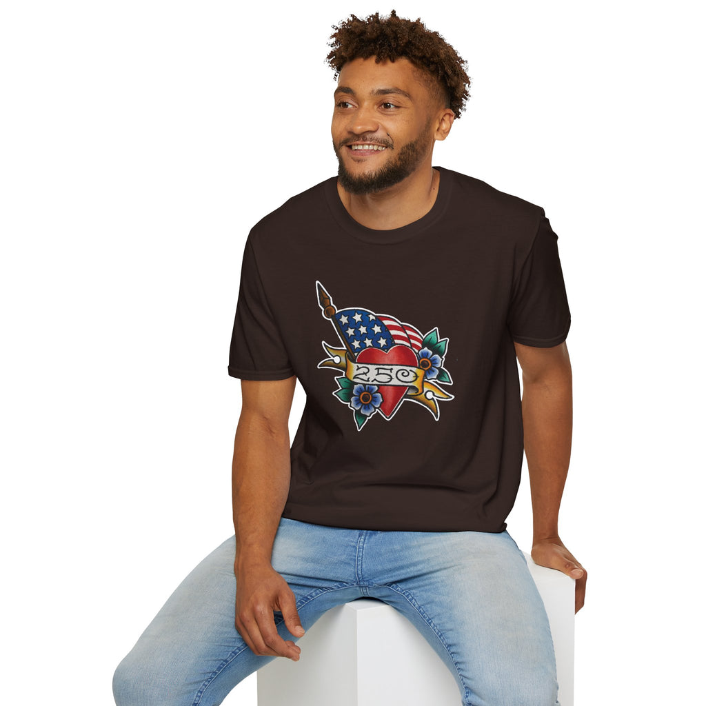 250th Anniversary American Flag and Heart Tattoo Unisex Softstyle T‑Shirt