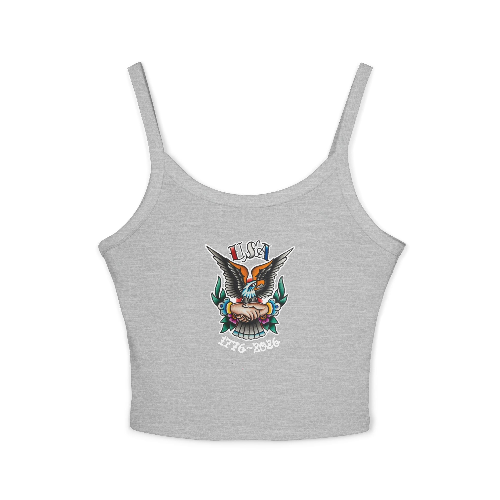 250th Anniversary Eagle w/Clasped Hands Tattoo Design 1776-2026 Spaghetti Strap Woman's Tank Top