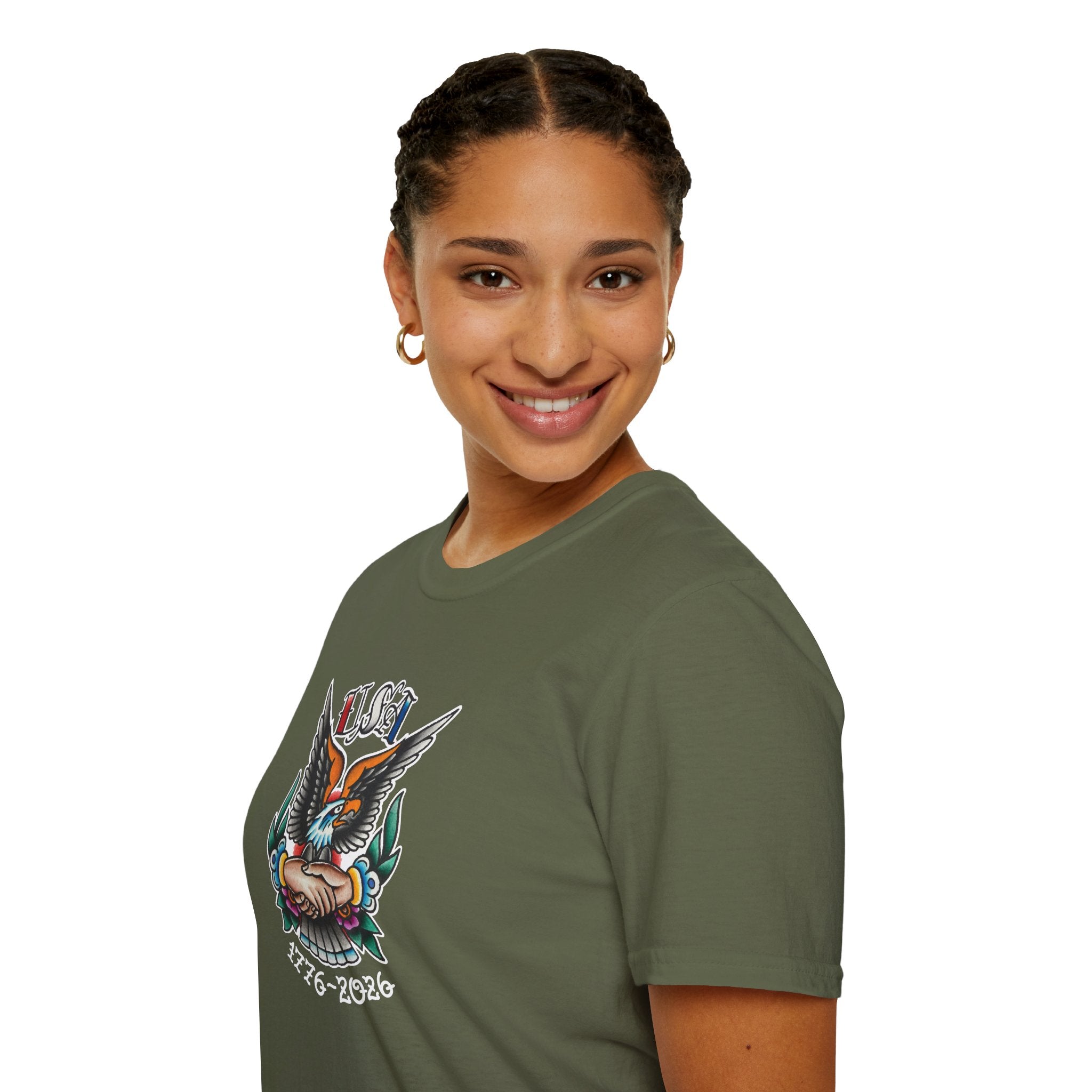 250th Anniversary 1776-2026 Clasped Hands w/Eagle Unisex Softstyle Tattoo T‑Shirt