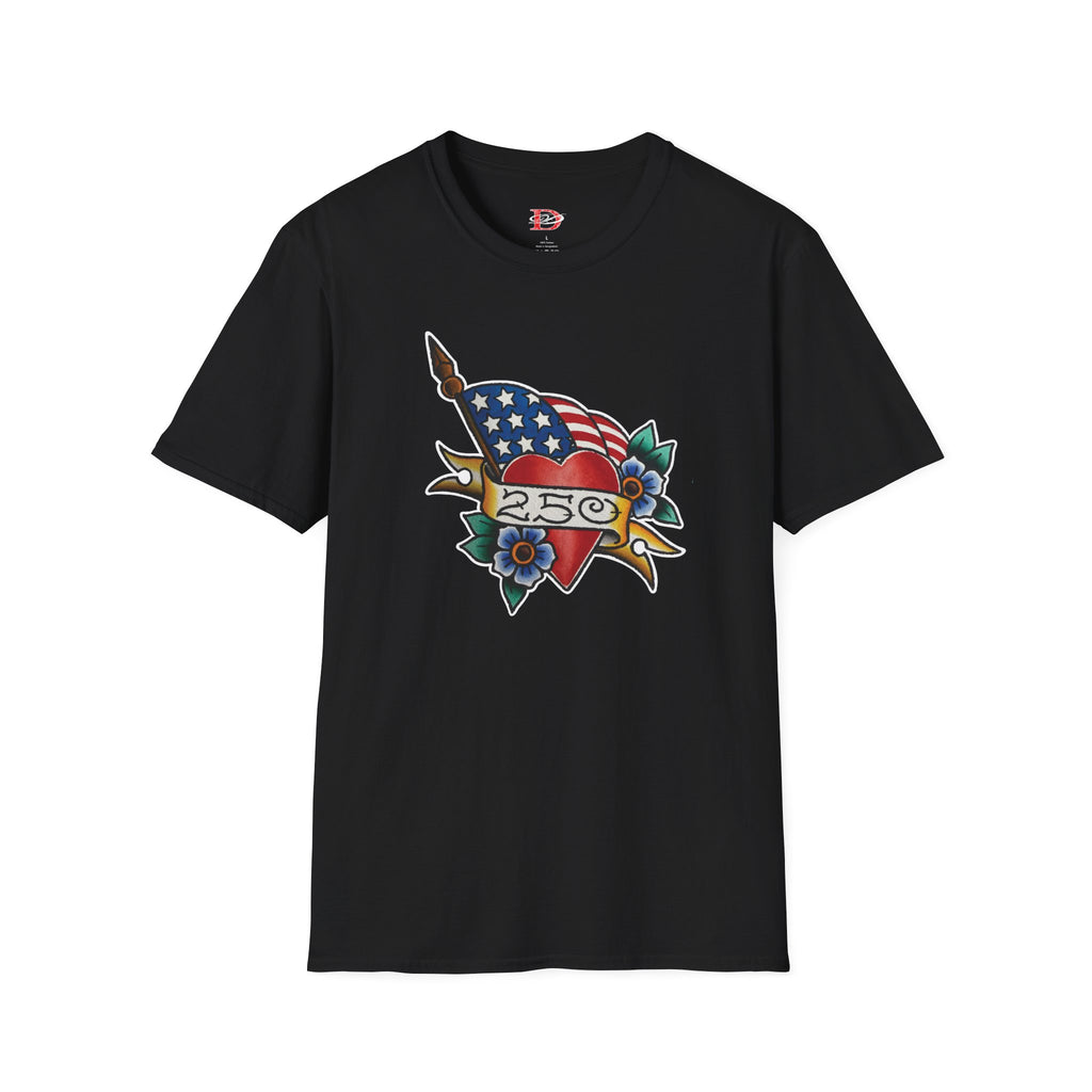 250th Anniversary American Flag and Heart Tattoo Unisex Softstyle T‑Shirt