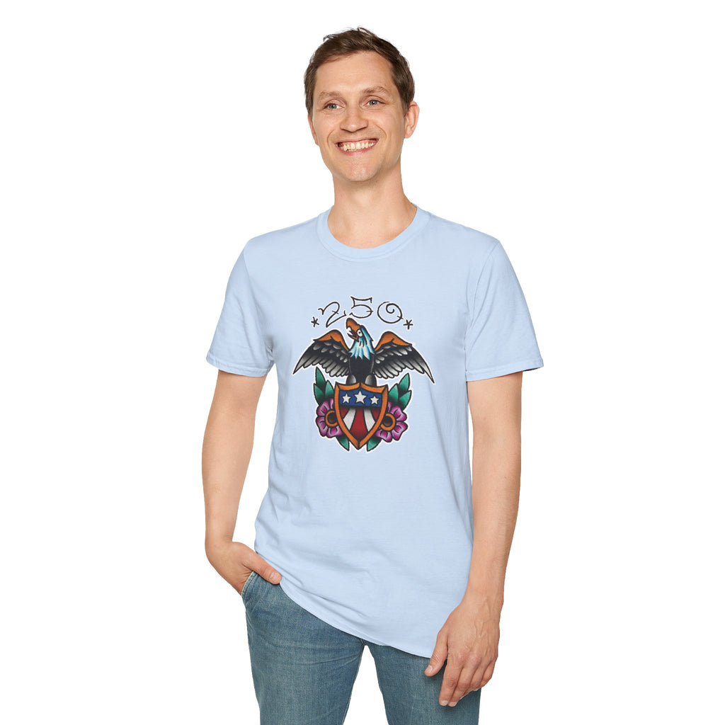 250th Anniversary Eagle w/Flag Shield Tattoo Unisex Softstyle T‑Shirt