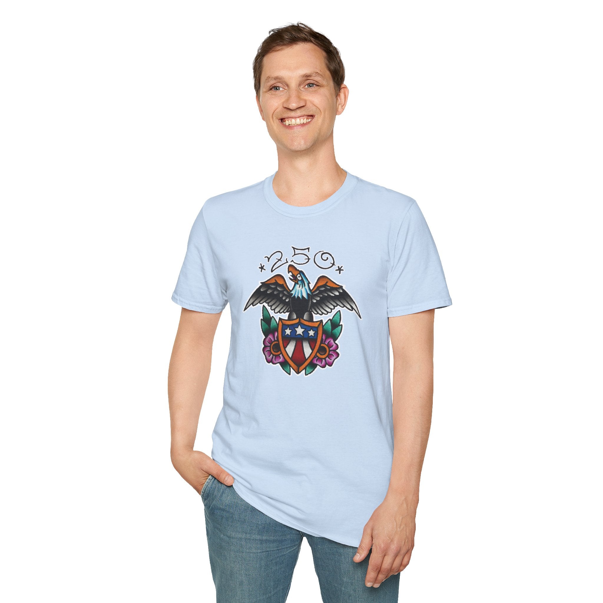 250th Anniversary Eagle w/Flag Shield Tattoo Unisex Softstyle T‑Shirt