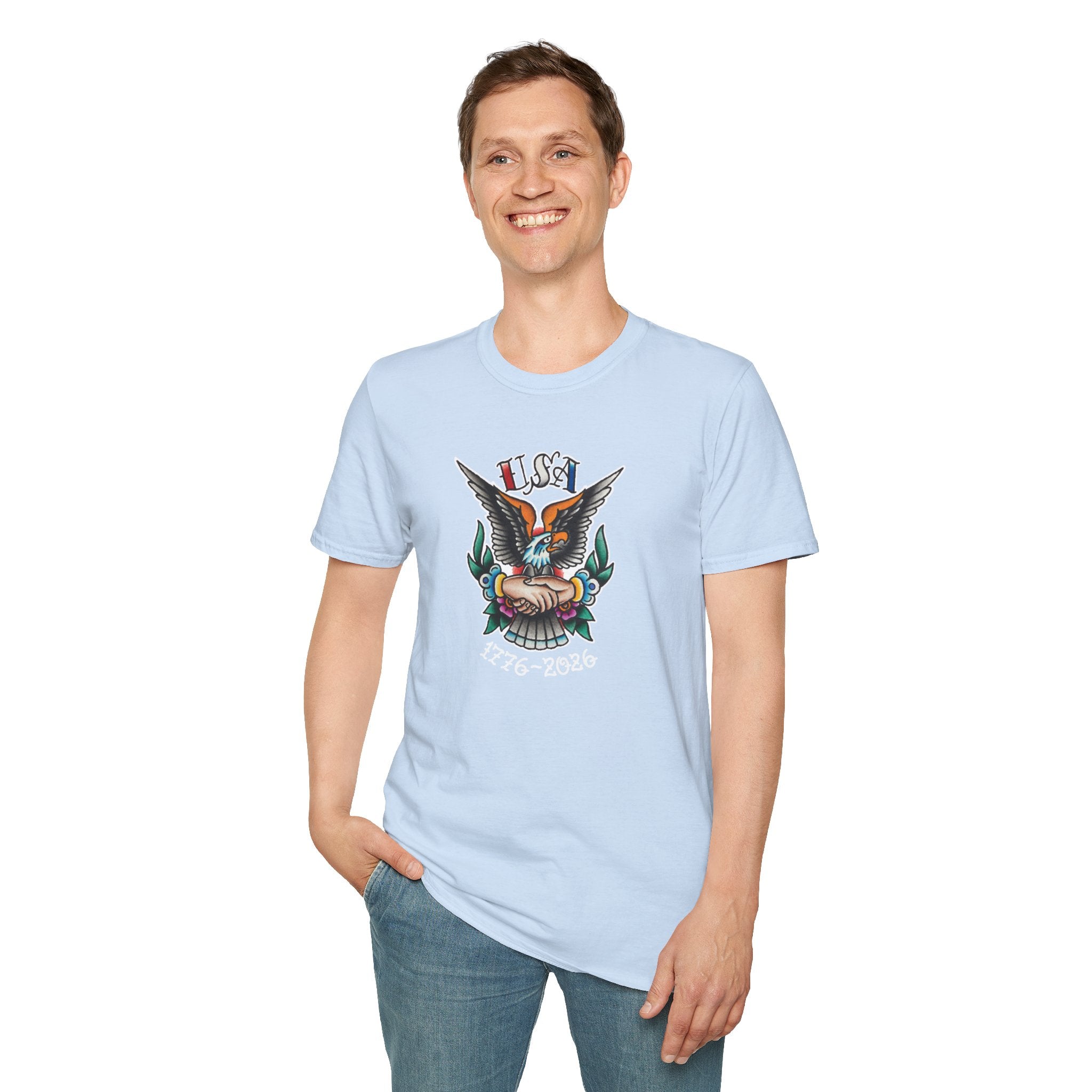 250th Anniversary 1776-2026 Clasped Hands w/Eagle Unisex Softstyle Tattoo T‑Shirt