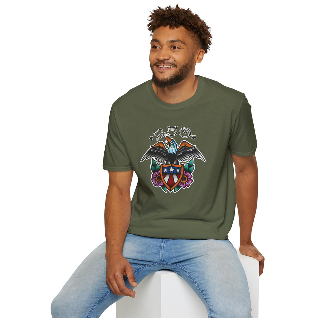 250th Anniversary Eagle w/Flag Shield Tattoo Unisex Softstyle T‑Shirt