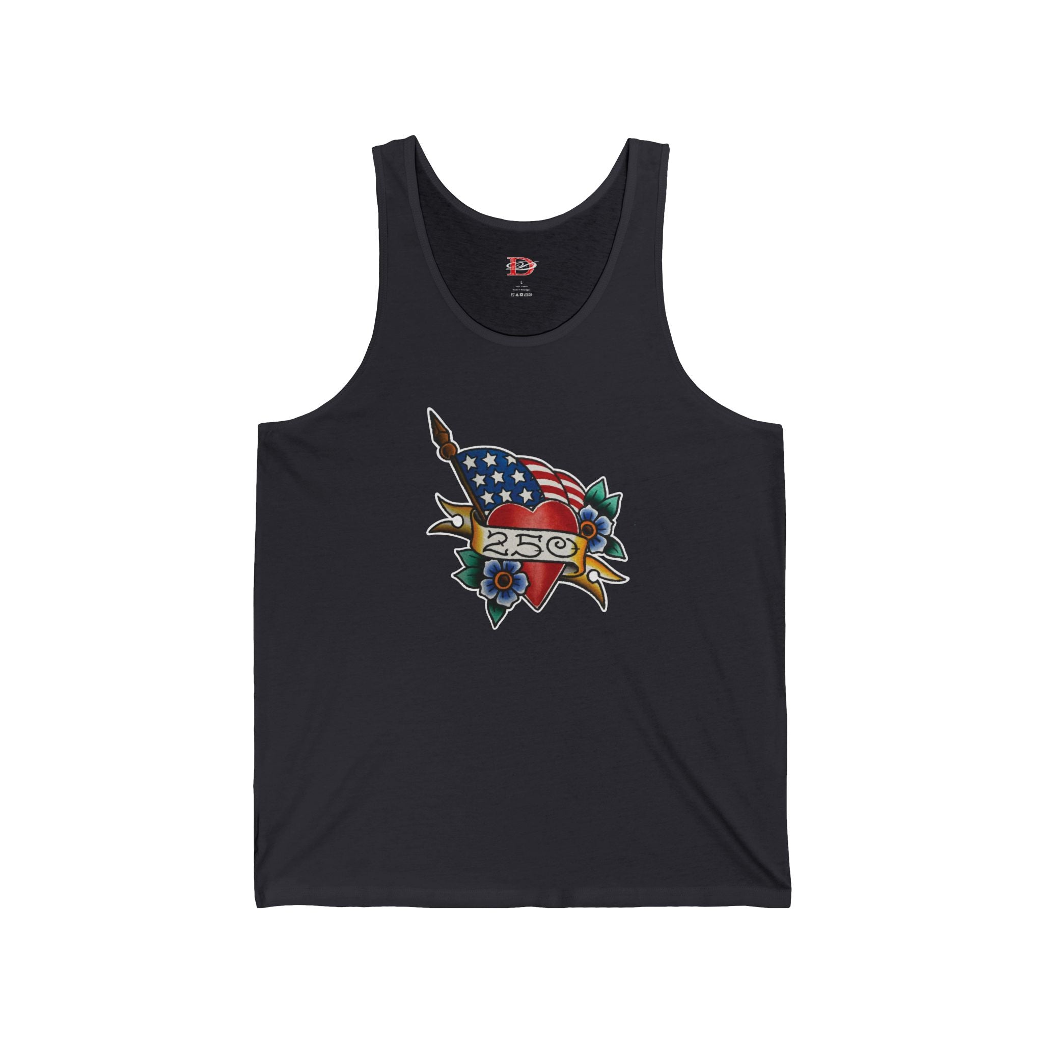 250th Anniversary American Flag w/Heart and 250 Banner Tattoo Design Mens Tank Top