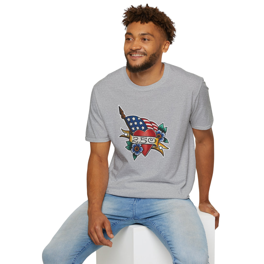 250th Anniversary American Flag and Heart Tattoo Unisex Softstyle T‑Shirt