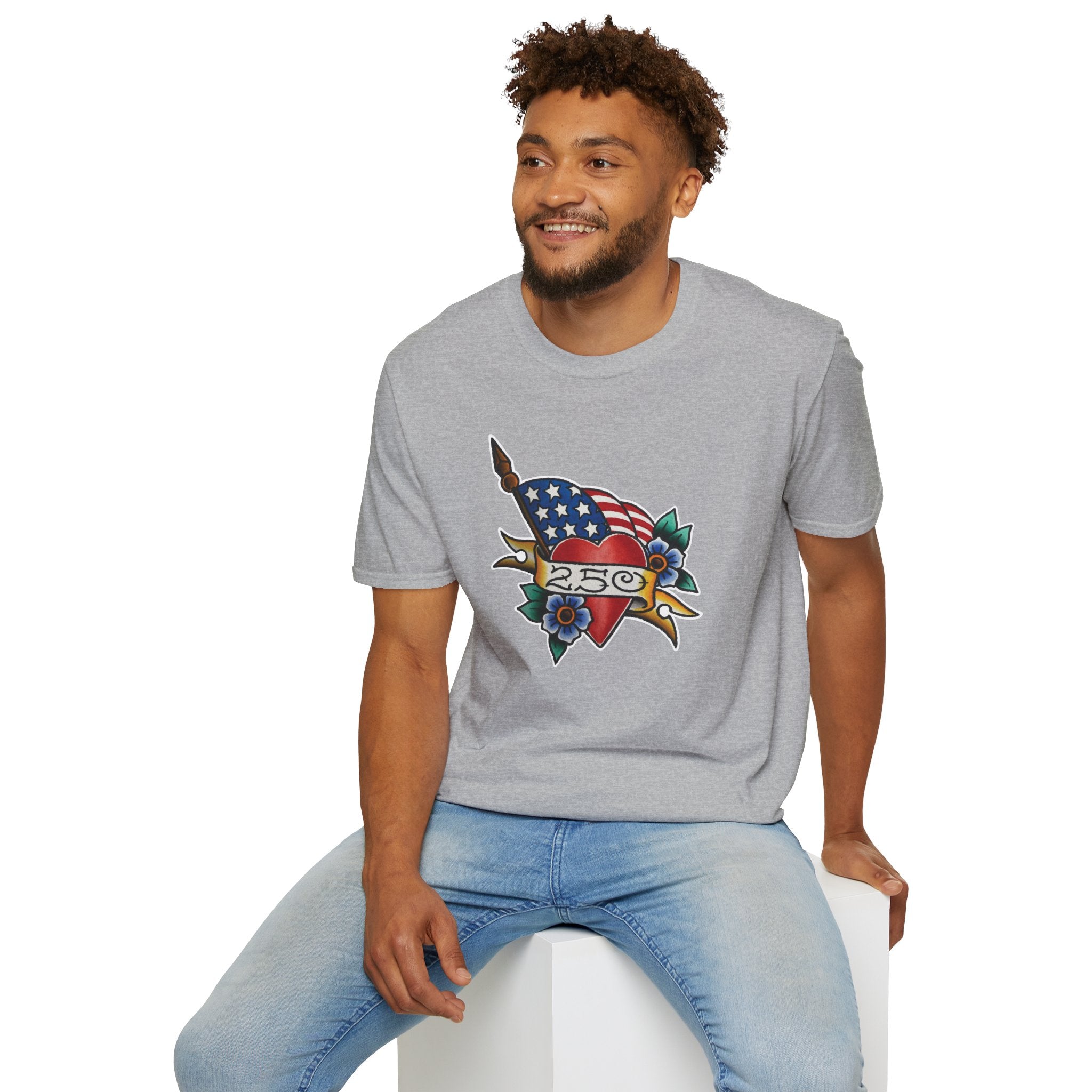 250th Anniversary American Flag and Heart Tattoo Unisex Softstyle T‑Shirt