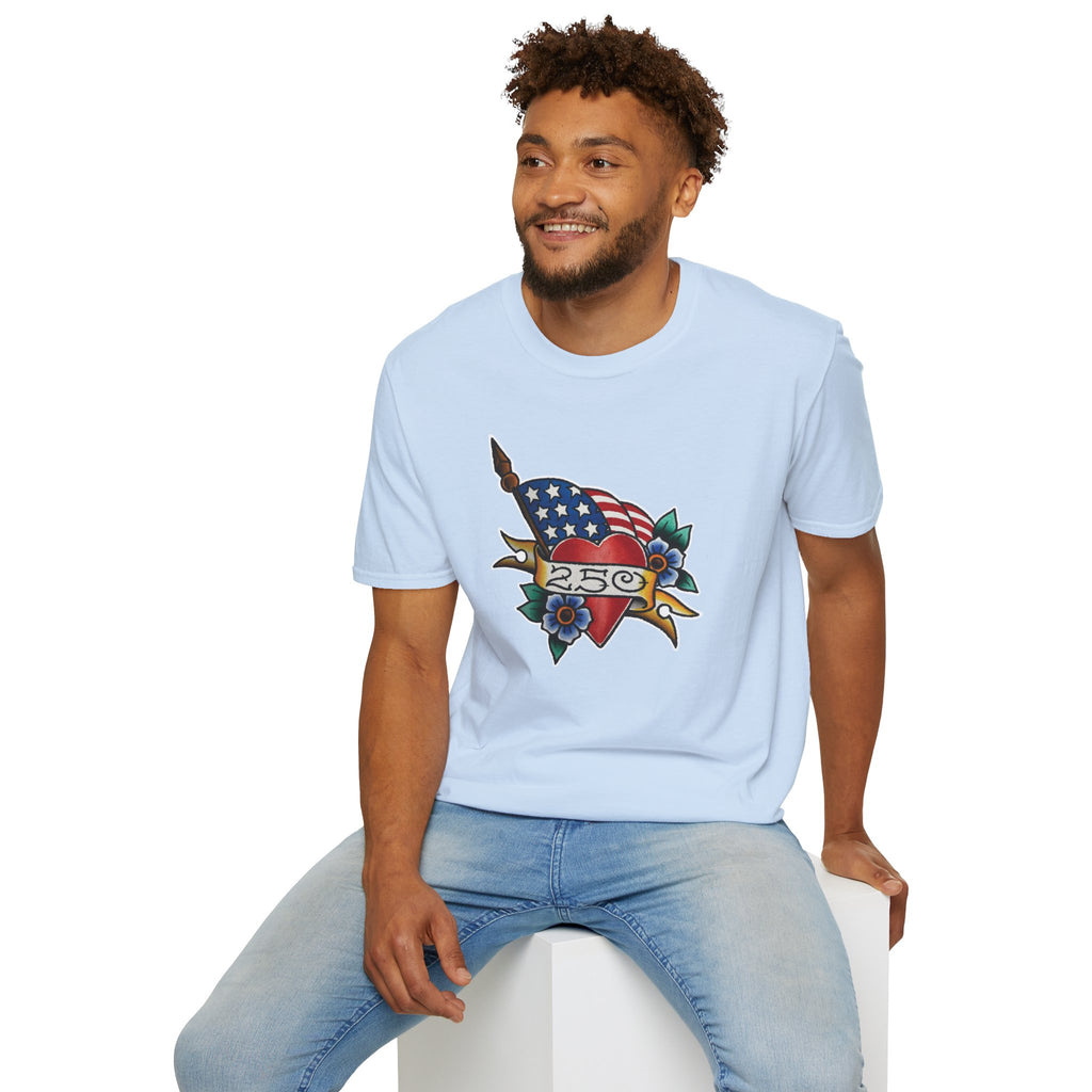 250th Anniversary American Flag and Heart Tattoo Unisex Softstyle T‑Shirt