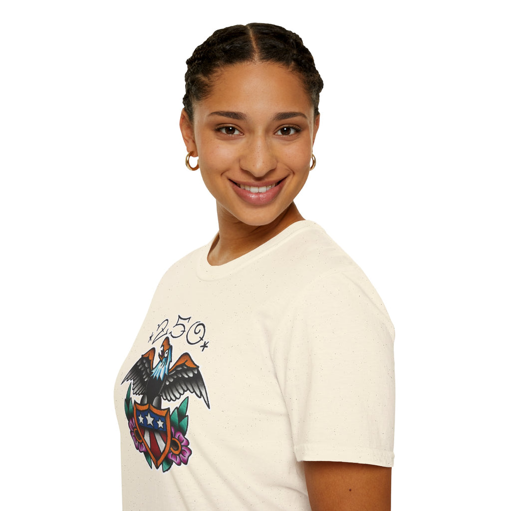250th Anniversary Eagle w/Flag Shield Tattoo Unisex Softstyle T‑Shirt