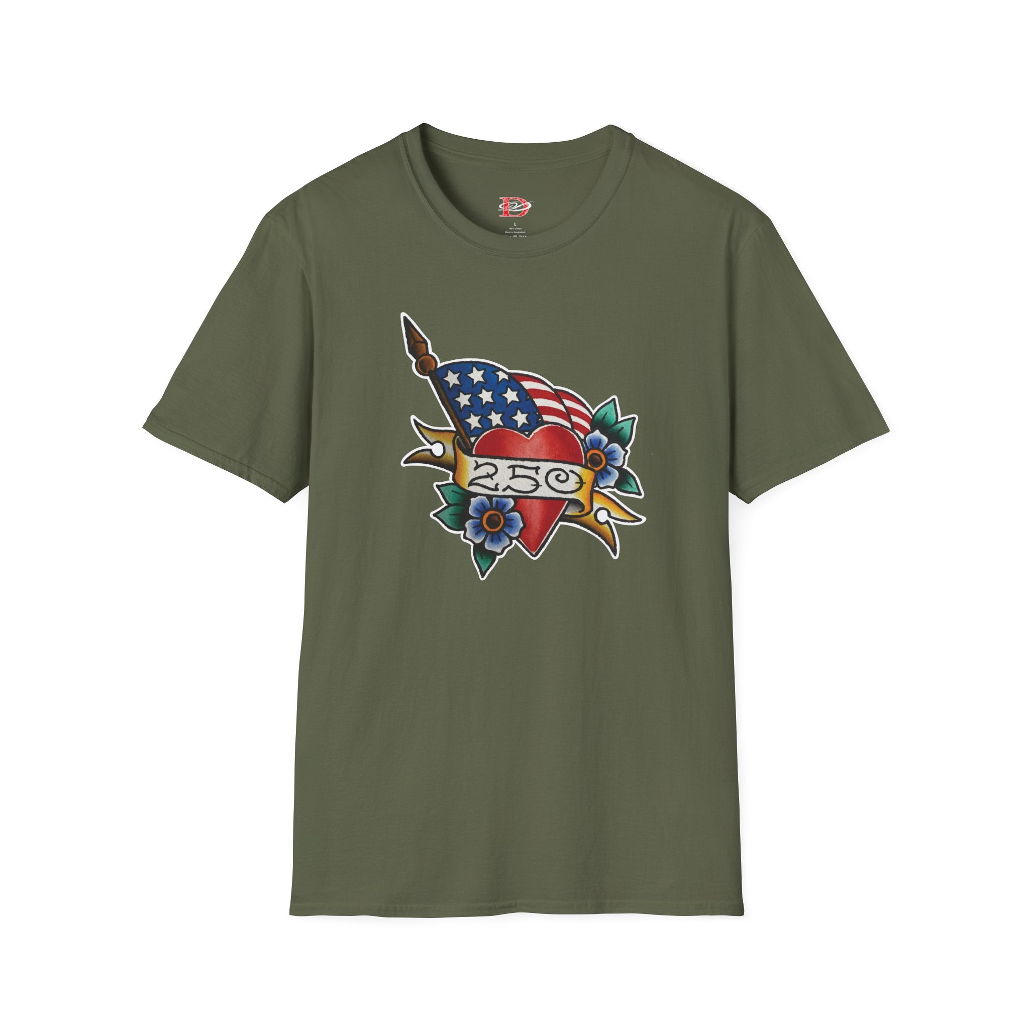 250th Anniversary American Flag and Heart Tattoo Unisex Softstyle T‑Shirt