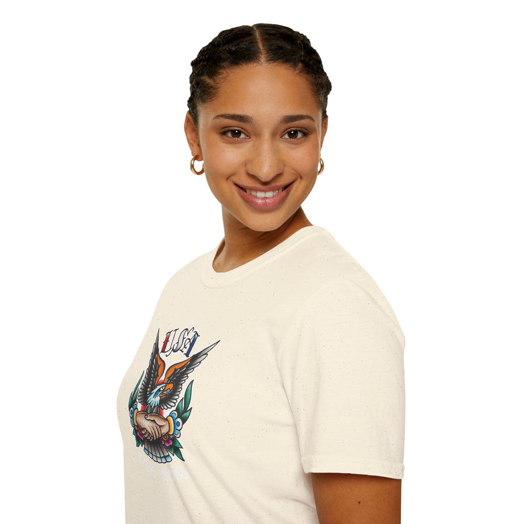 250th Anniversary 1776-2026 Clasped Hands w/Eagle Unisex Softstyle Tattoo T‑Shirt