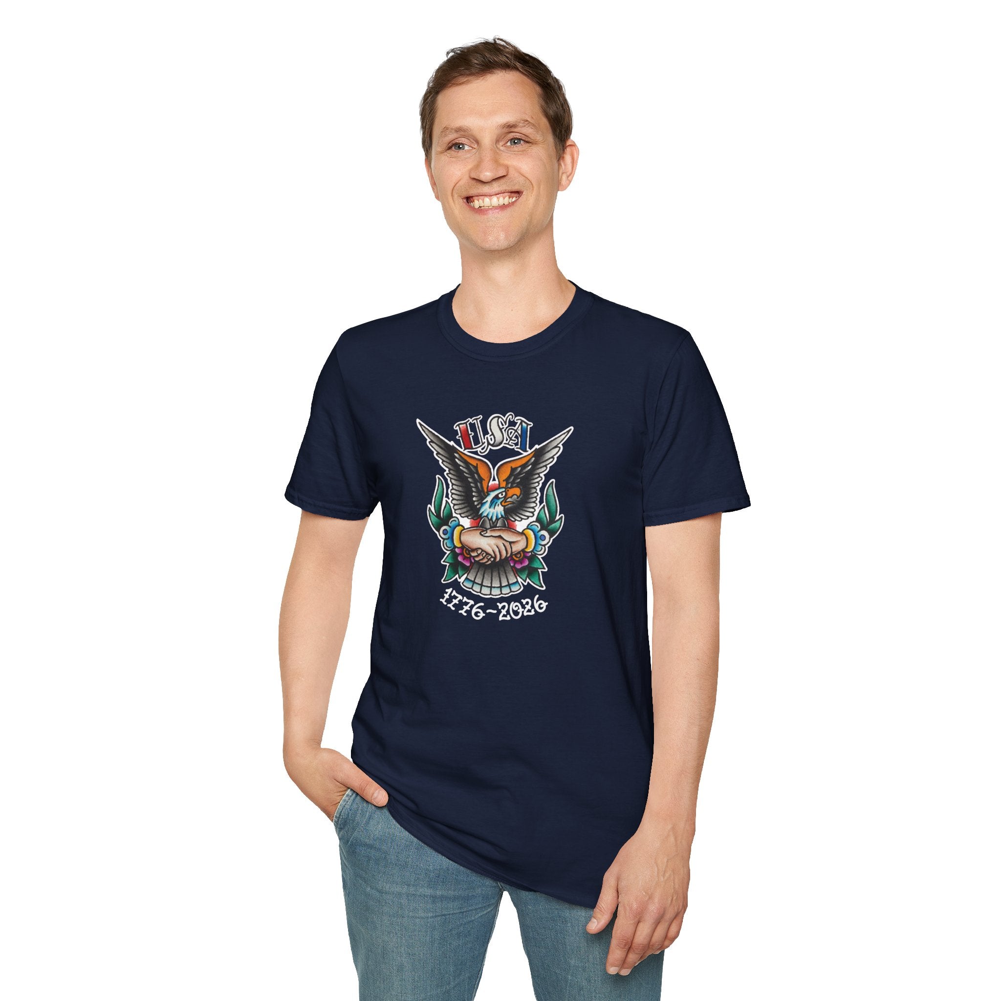 250th Anniversary 1776-2026 Clasped Hands w/Eagle Unisex Softstyle Tattoo T‑Shirt