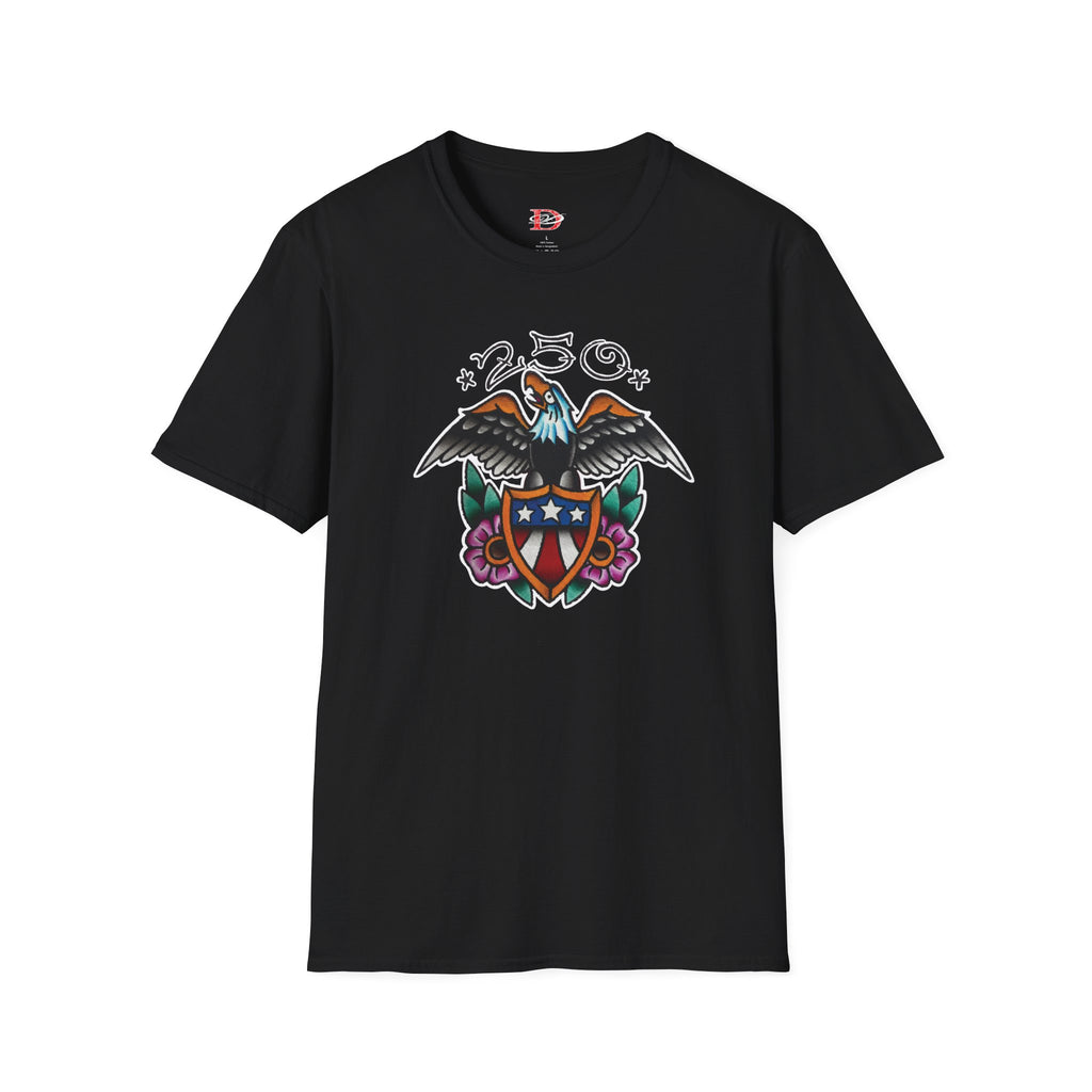 250th Anniversary Eagle w/Flag Shield Tattoo Unisex Softstyle T‑Shirt
