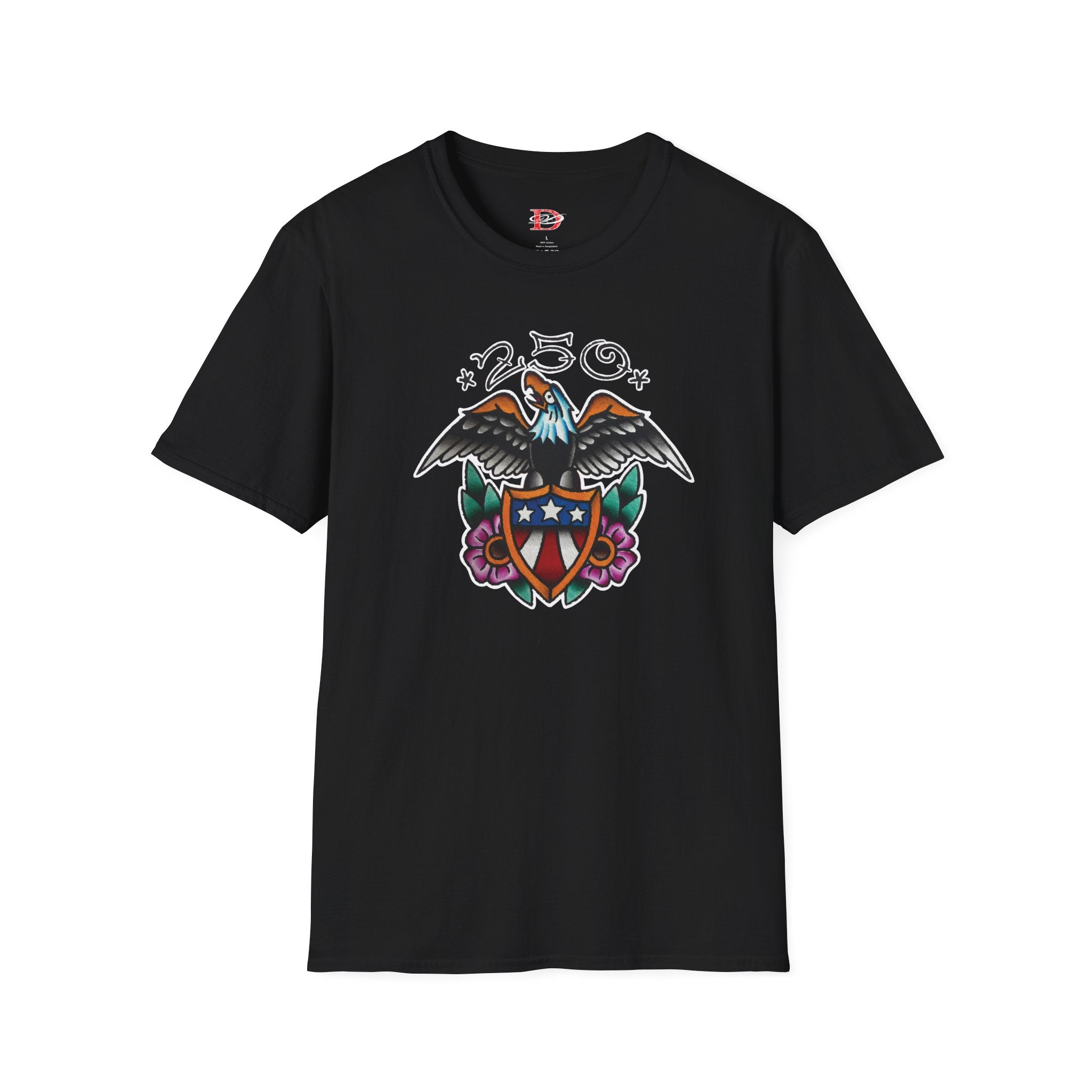250th Anniversary Eagle w/Flag Shield Tattoo Unisex Softstyle T‑Shirt
