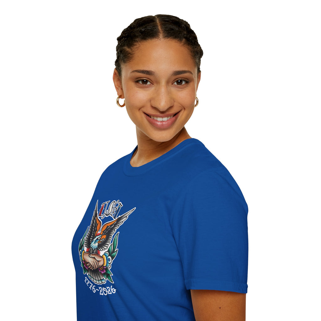 250th Anniversary 1776-2026 Clasped Hands w/Eagle Unisex Softstyle Tattoo T‑Shirt