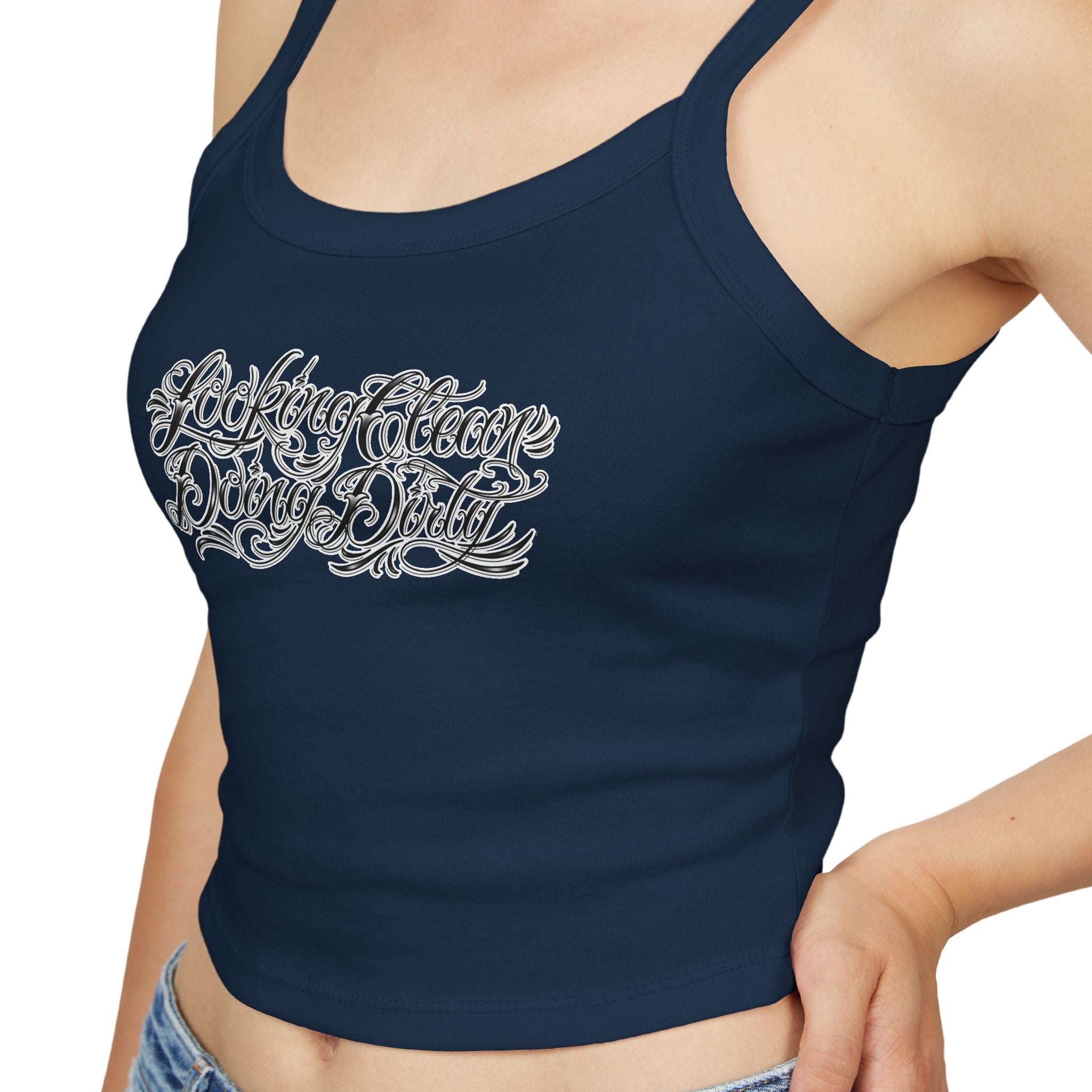 "Looking Clean, Doing Dirty" Tattoo Script  Design Spaghetti Strap Woman's Tank Top