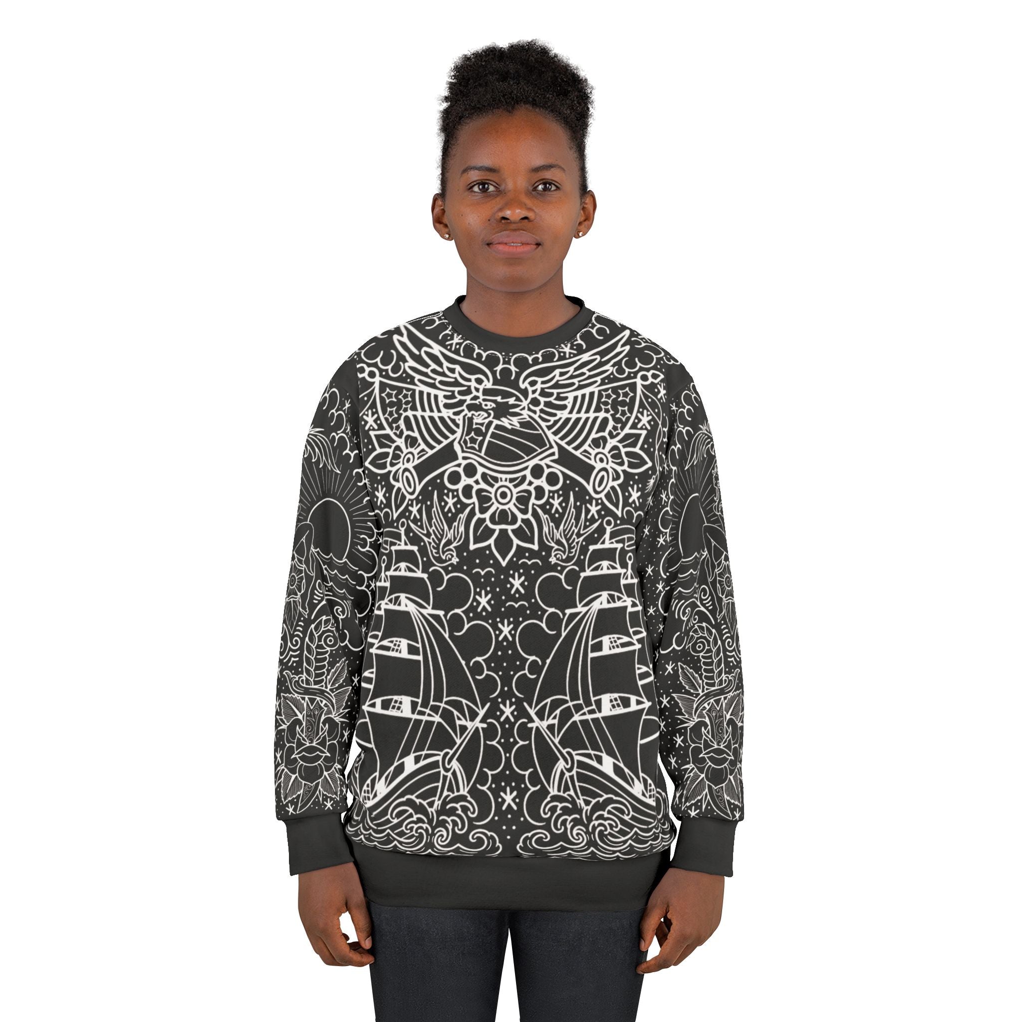 Traditional American Tattoo Body Suit Blueprint Edition Unisex Crewneck Sweatshirt AOP