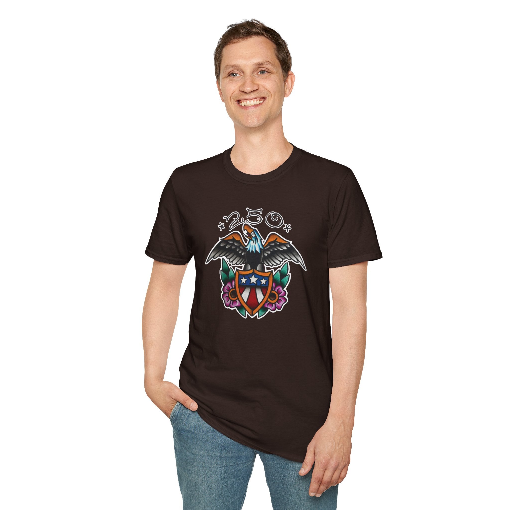 250th Anniversary Eagle w/Flag Shield Tattoo Unisex Softstyle T‑Shirt