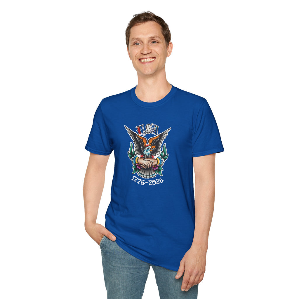 250th Anniversary 1776-2026 Clasped Hands w/Eagle Unisex Softstyle Tattoo T‑Shirt