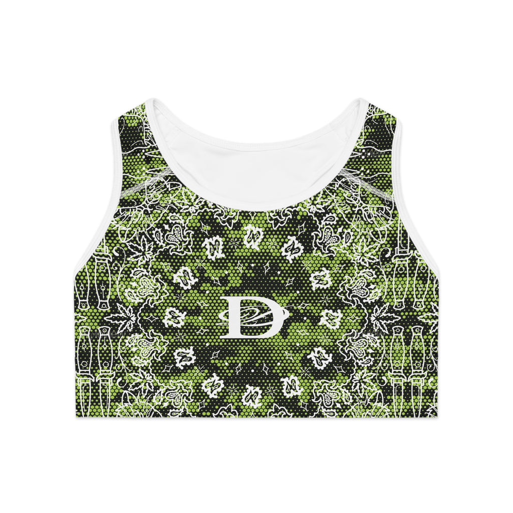 DD Custom Bandana Print W/ Lime Green Hexagon Digital Camo Sports Bra AOP