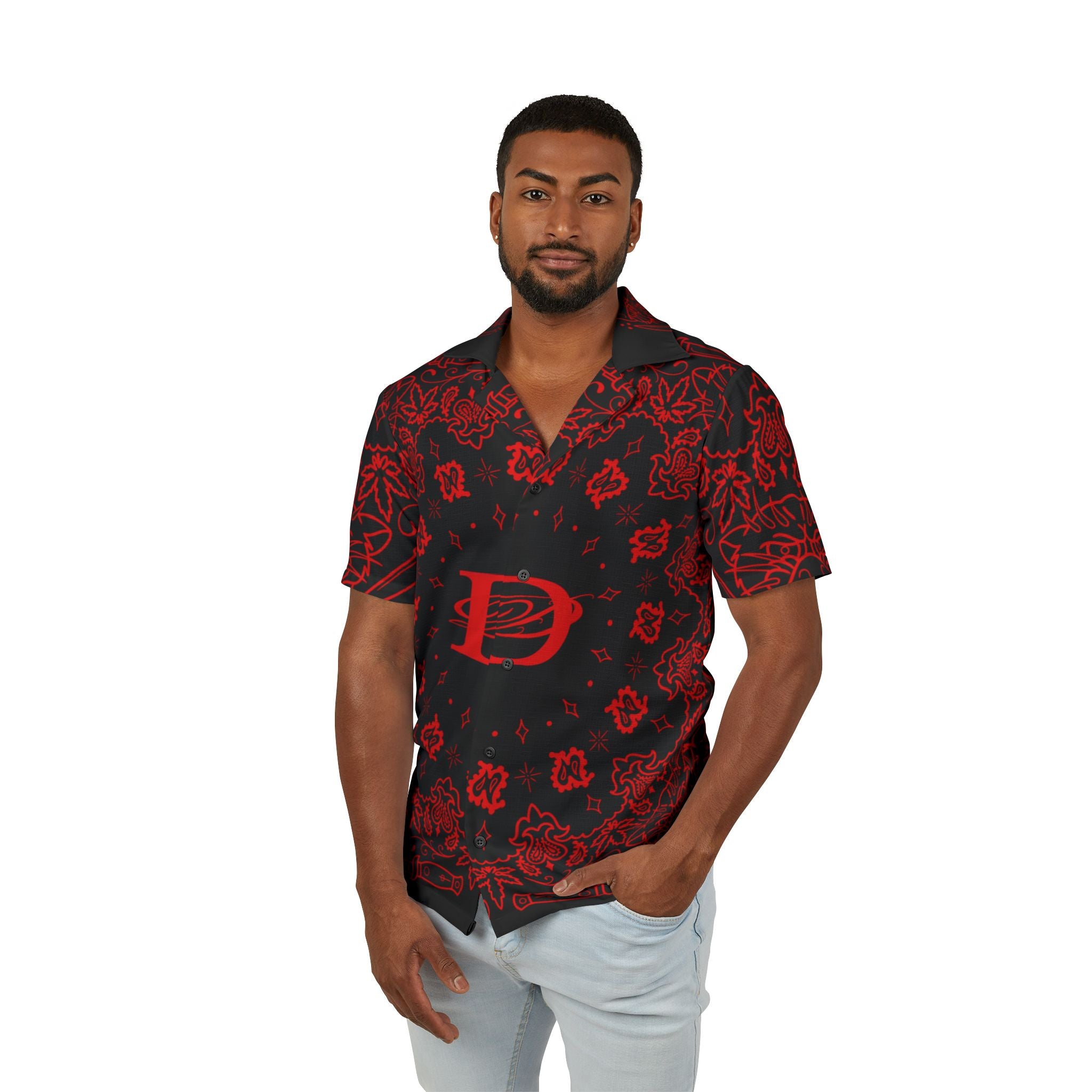 DD Custom Bandana Print Hawaiian Camp Shirt, Summer Fashion, Beachwear, Vacation Attire, Tropical Shirt, Unisex Summer Style