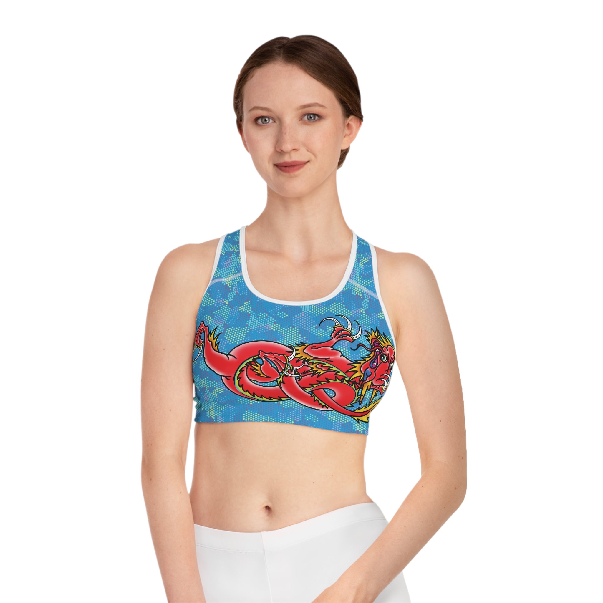 Dragon Hexagon Light Blue Digital Hexagon Camo Print Sports Bra AOP