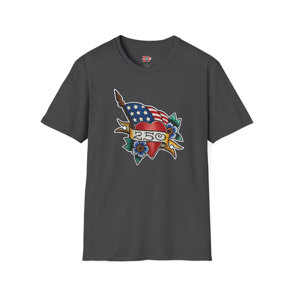 250th Anniversary American Flag and Heart Tattoo Unisex Softstyle T‑Shirt