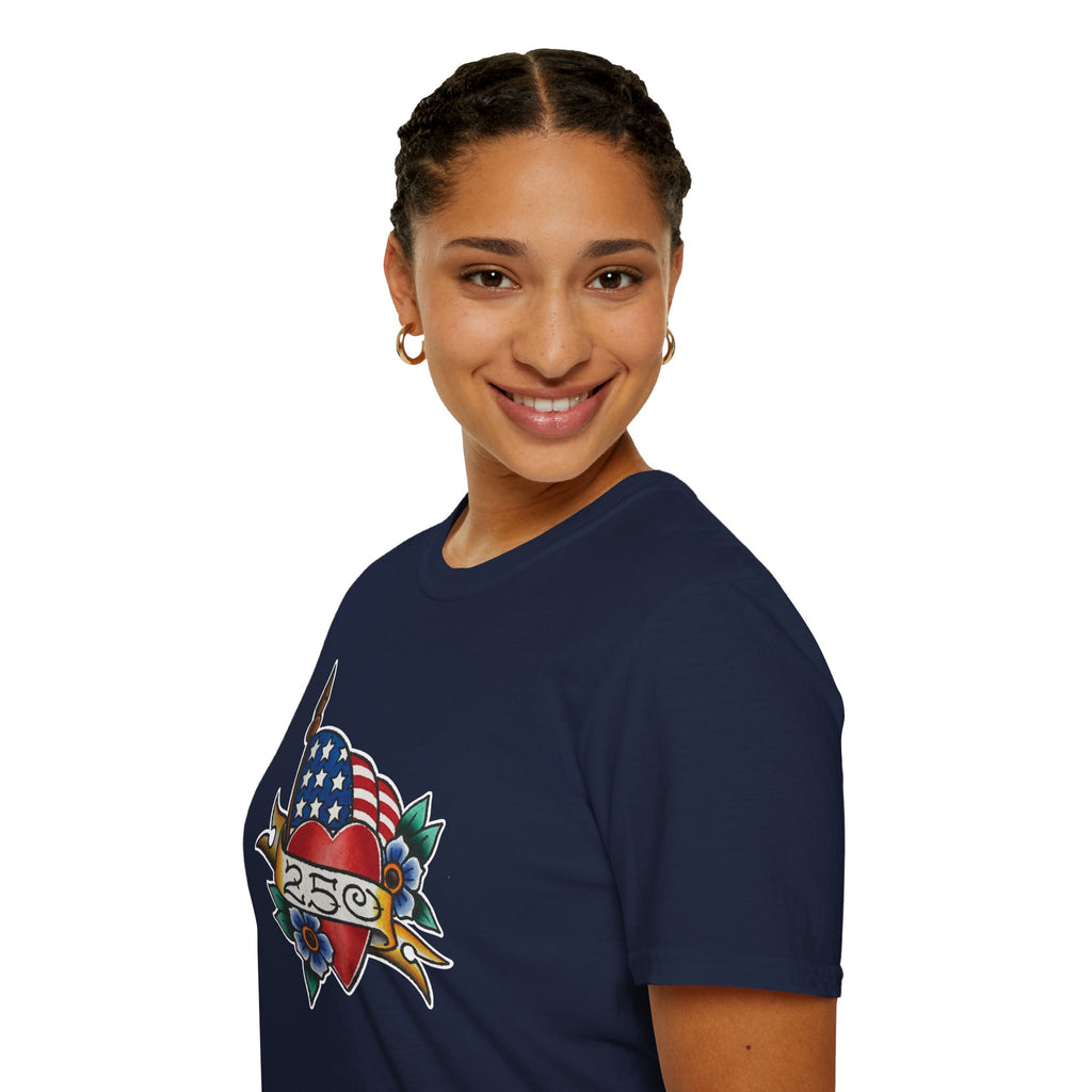 250th Anniversary American Flag and Heart Tattoo Unisex Softstyle T‑Shirt