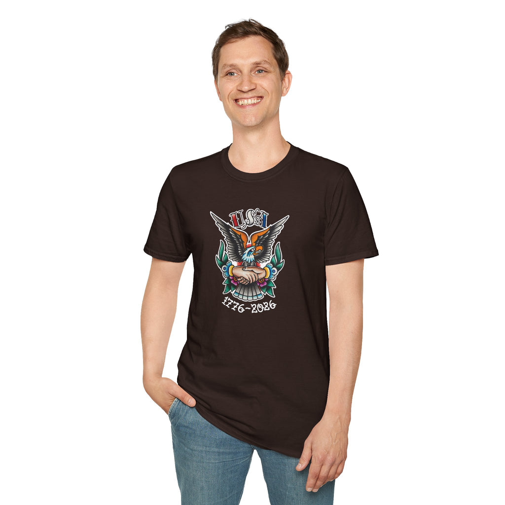 250th Anniversary 1776-2026 Clasped Hands w/Eagle Unisex Softstyle Tattoo T‑Shirt