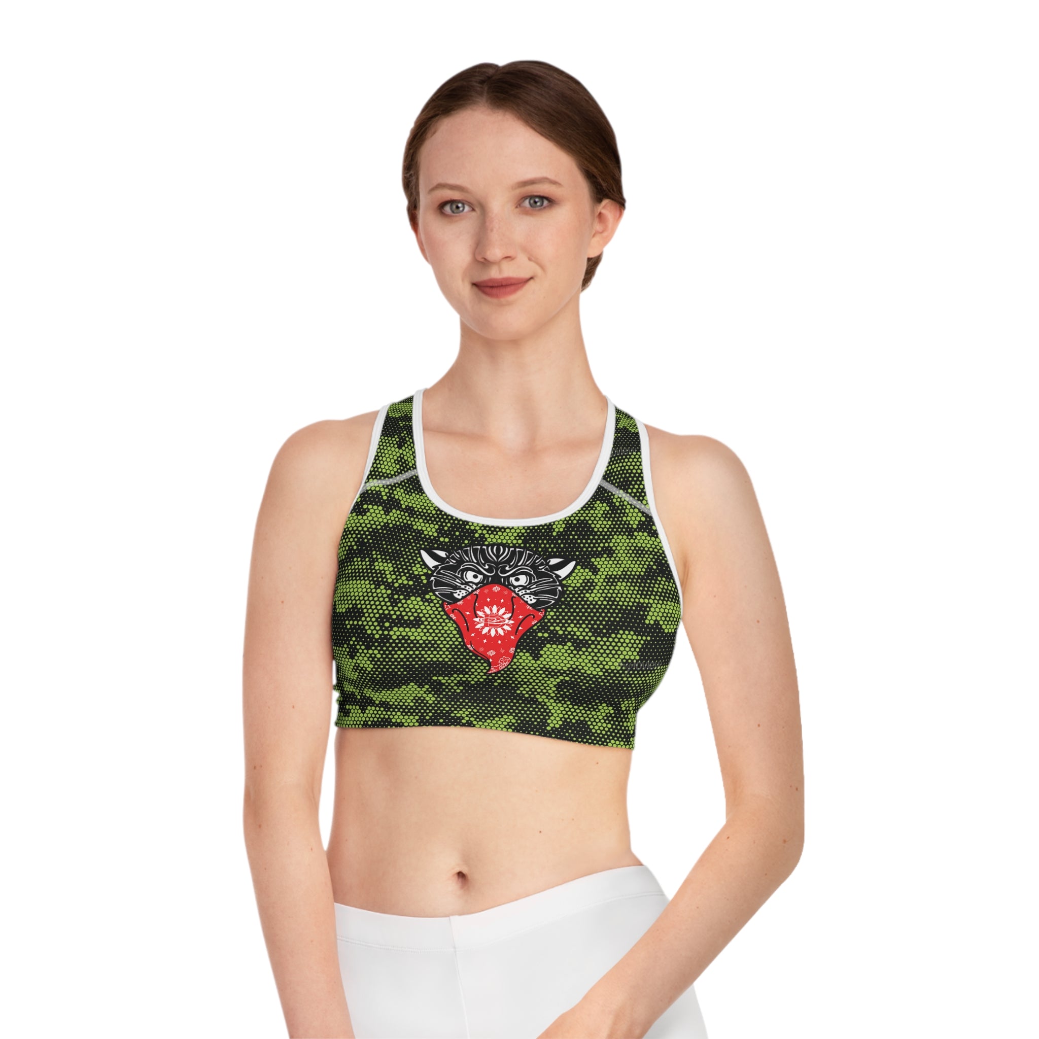 Bandito Panther Lime Green Digital Hexagon Camo Sports Bra AOP