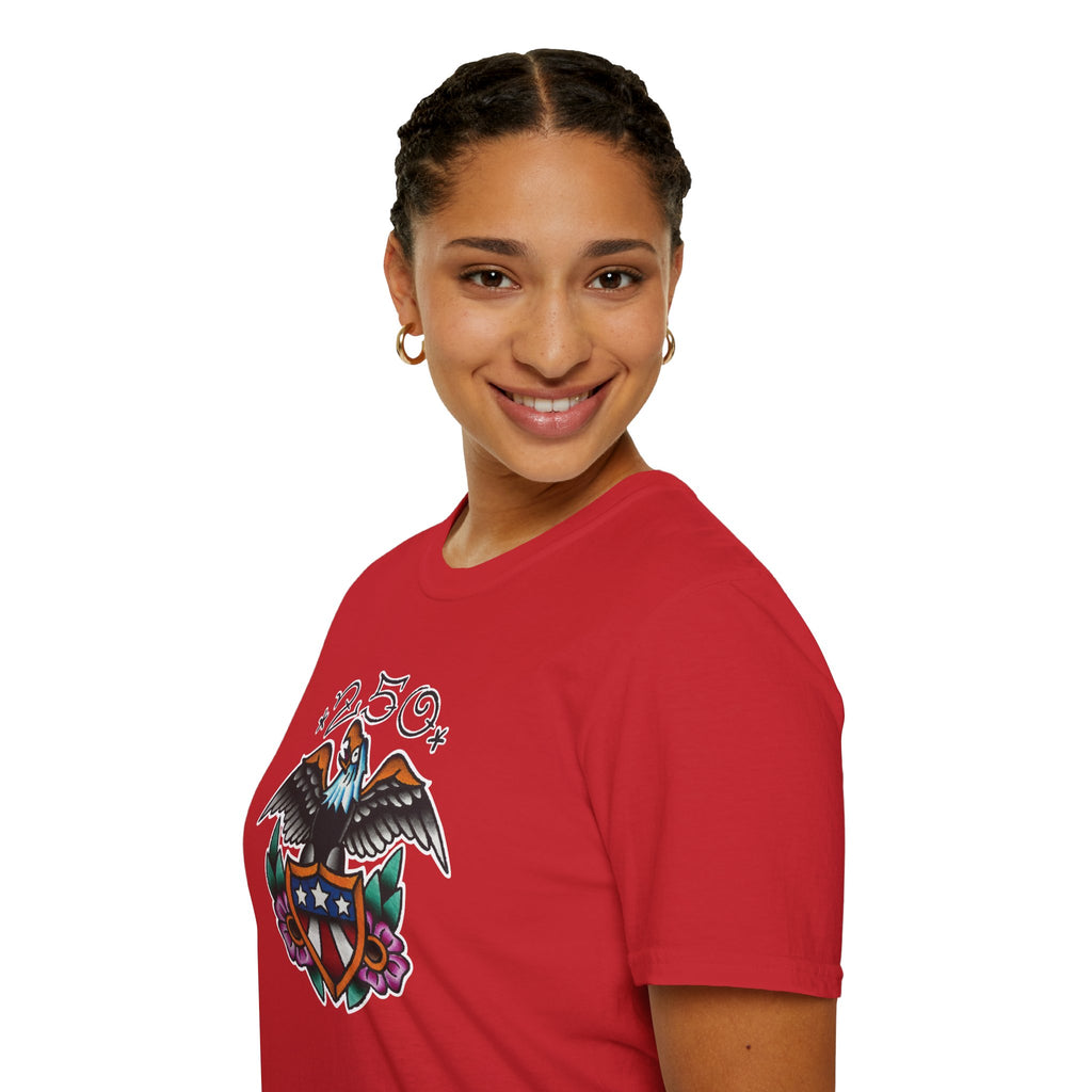 250th Anniversary Eagle w/Flag Shield Tattoo Unisex Softstyle T‑Shirt