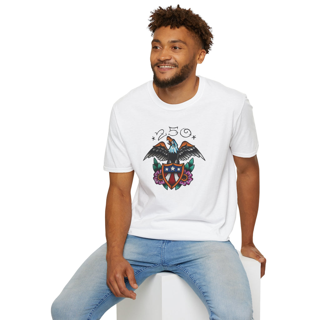 250th Anniversary Eagle w/Flag Shield Tattoo Unisex Softstyle T‑Shirt
