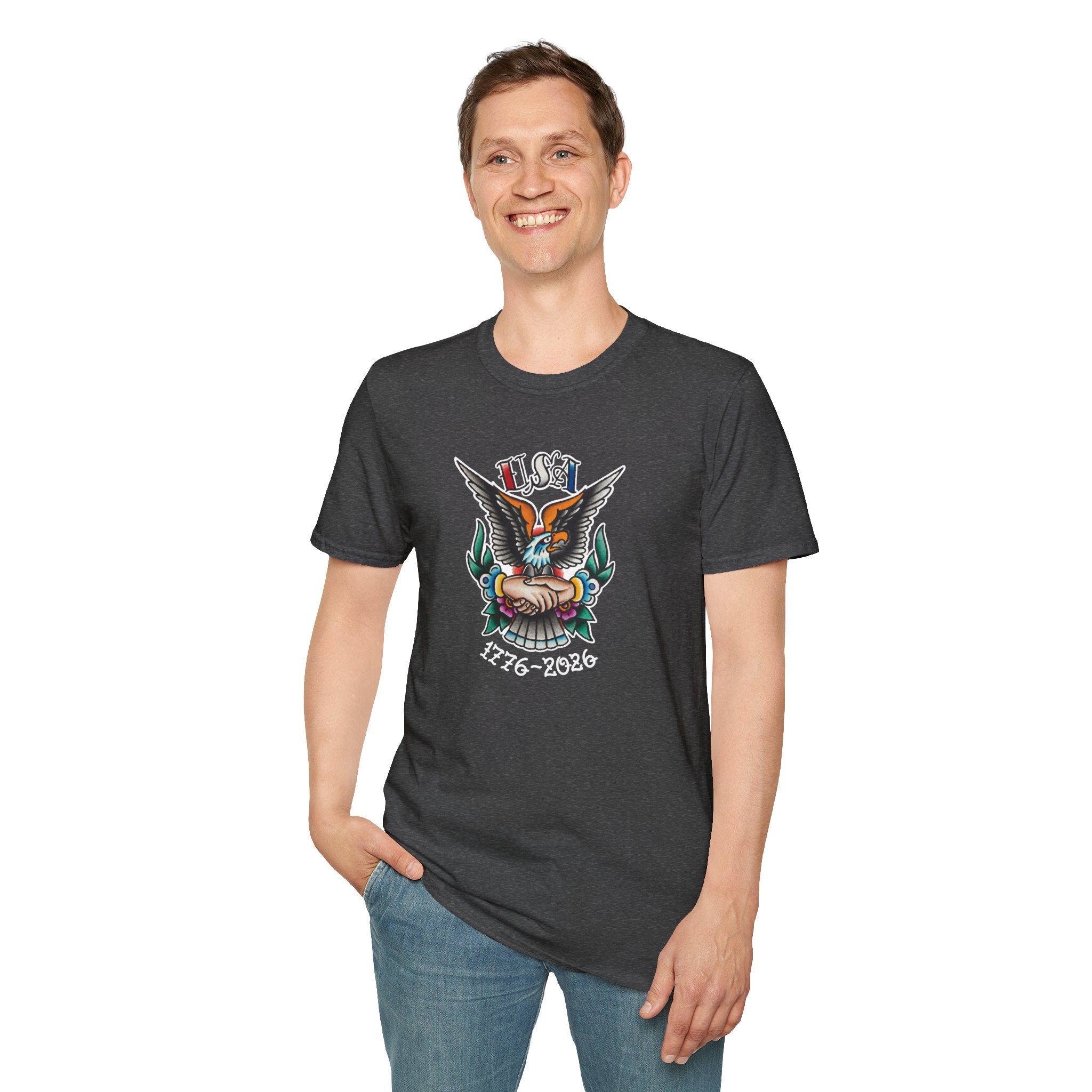250th Anniversary 1776-2026 Clasped Hands w/Eagle Unisex Softstyle Tattoo T‑Shirt