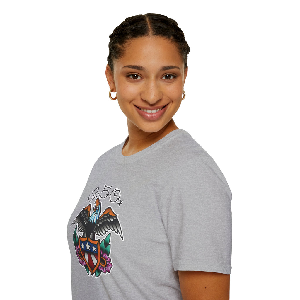 250th Anniversary Eagle w/Flag Shield Tattoo Unisex Softstyle T‑Shirt