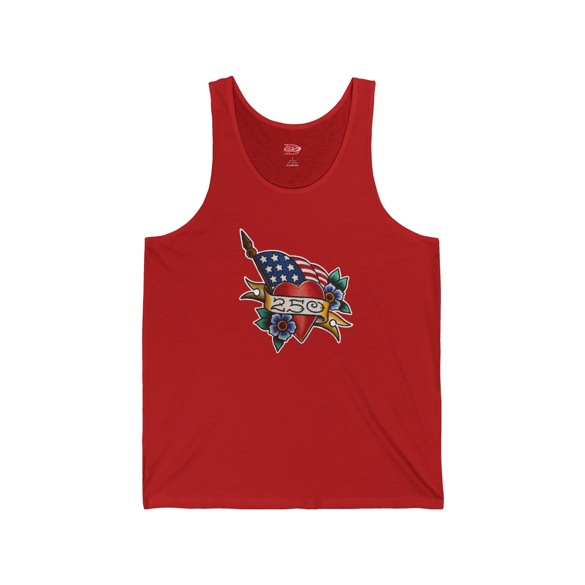 250th Anniversary American Flag w/Heart and 250 Banner Tattoo Design Mens Tank Top