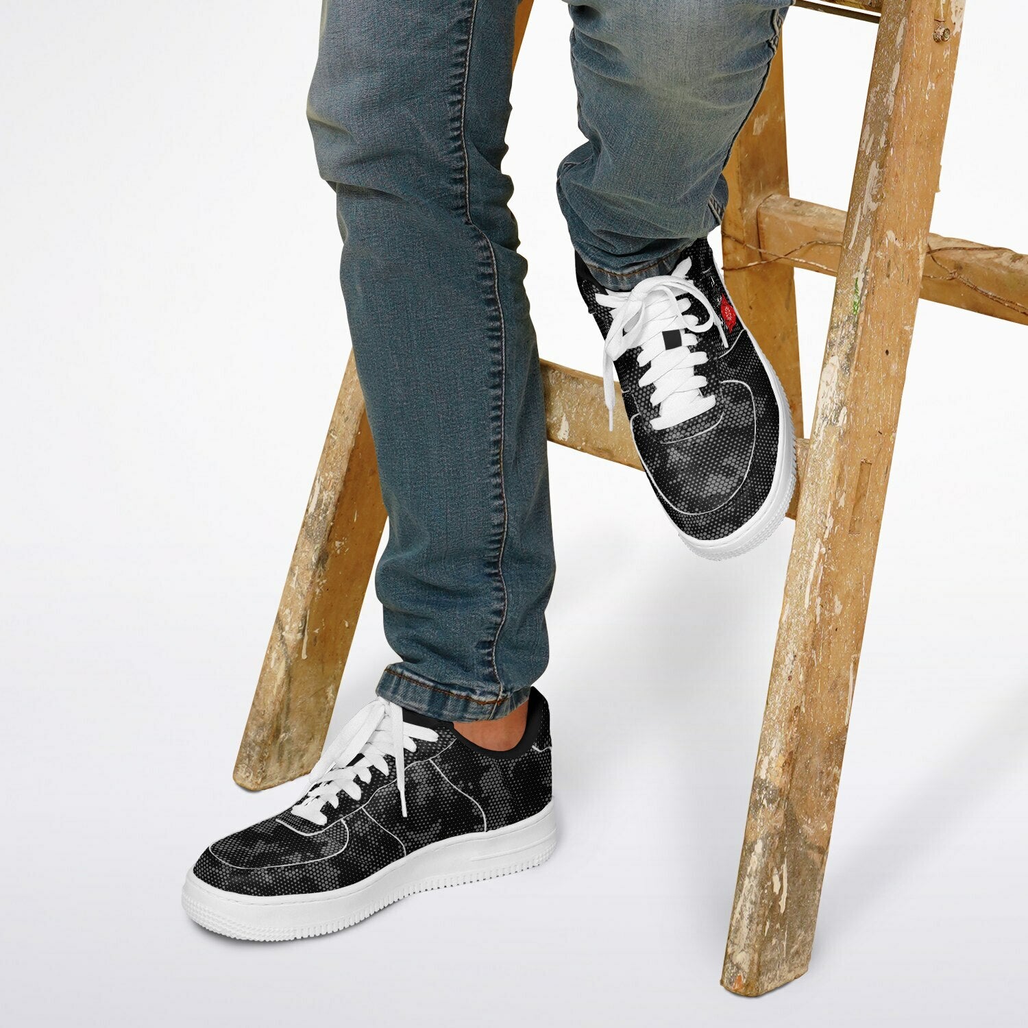 DD Low Top Sneakers in Digital Hexagon Urban Camo Pattern w/Bandito Panther and Box Logo AOP