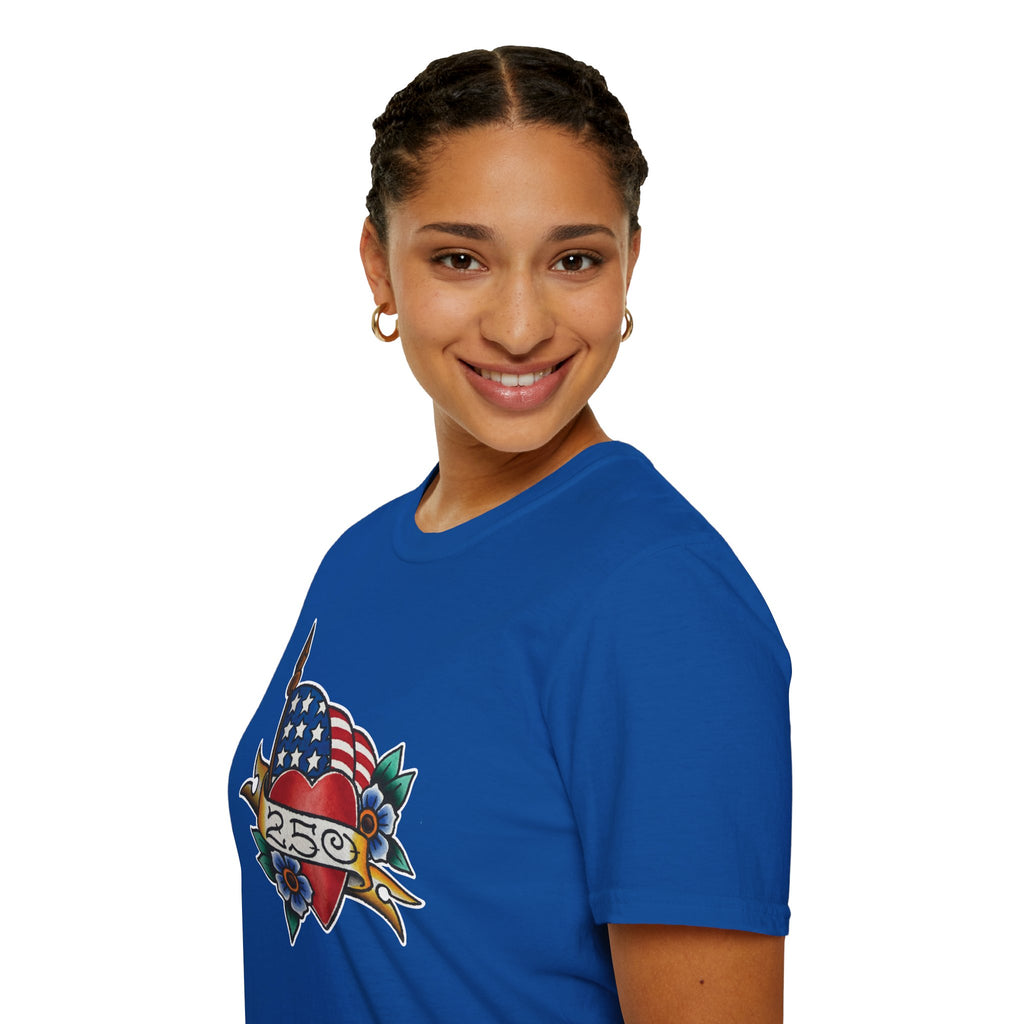 250th Anniversary American Flag and Heart Tattoo Unisex Softstyle T‑Shirt