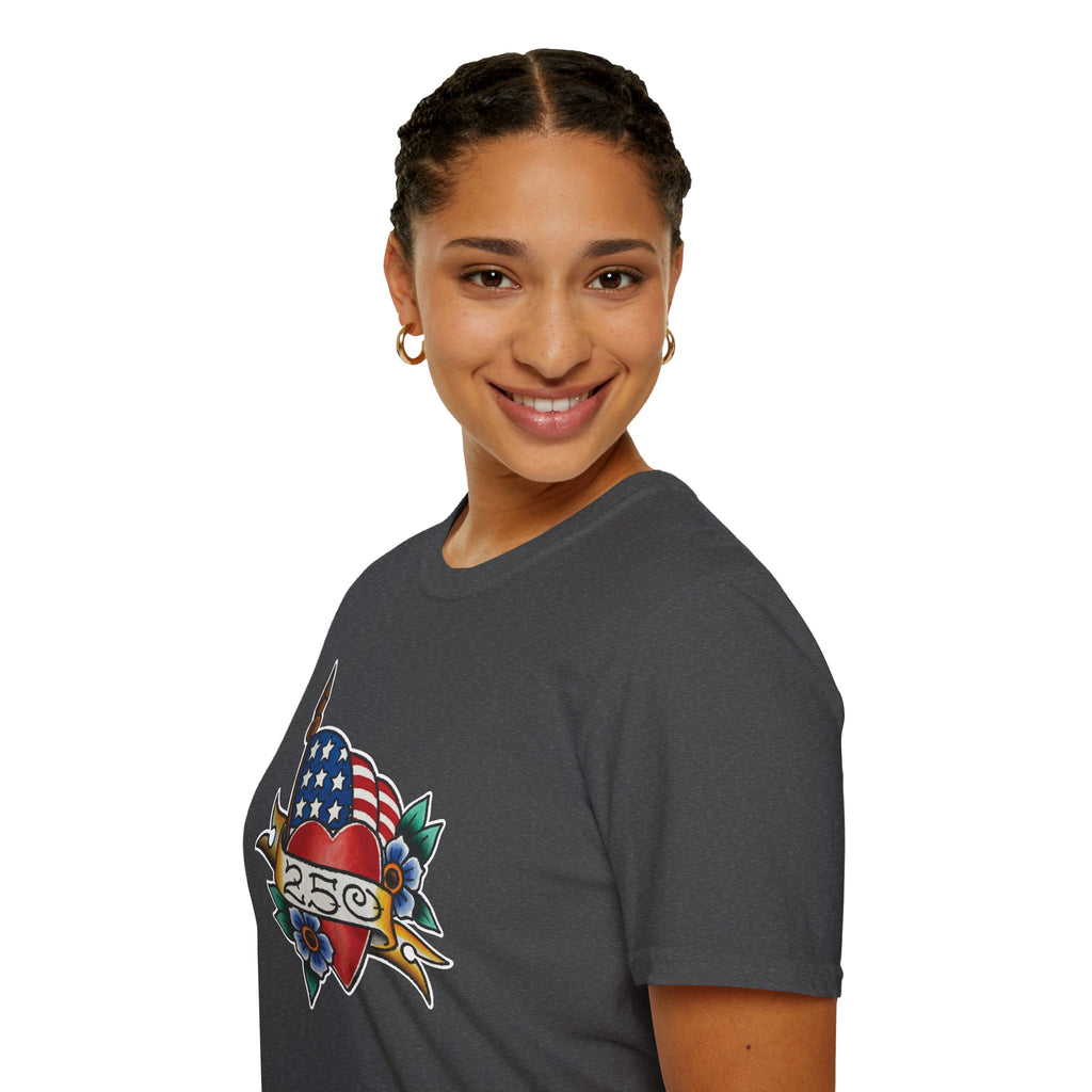 250th Anniversary American Flag and Heart Tattoo Unisex Softstyle T‑Shirt