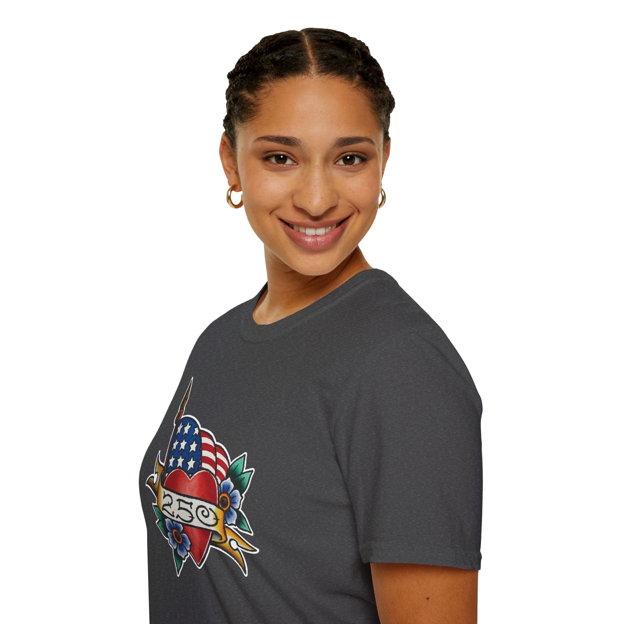 250th Anniversary American Flag and Heart Tattoo Unisex Softstyle T‑Shirt