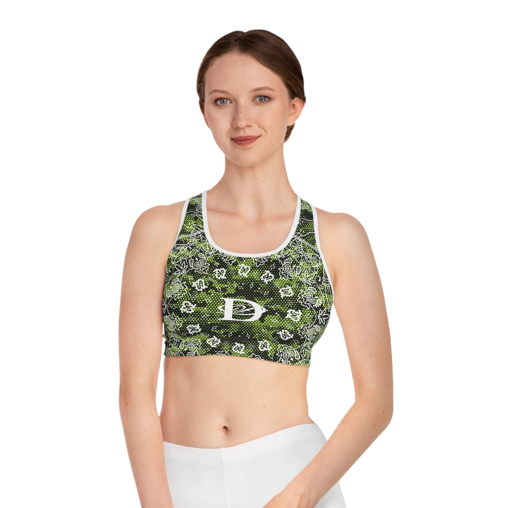 DD Custom Bandana Print W/ Lime Green Hexagon Digital Camo Sports Bra AOP