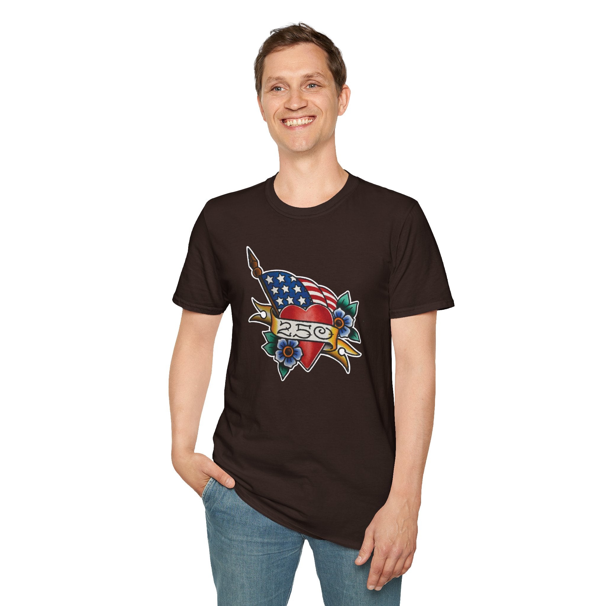 250th Anniversary American Flag and Heart Tattoo Unisex Softstyle T‑Shirt