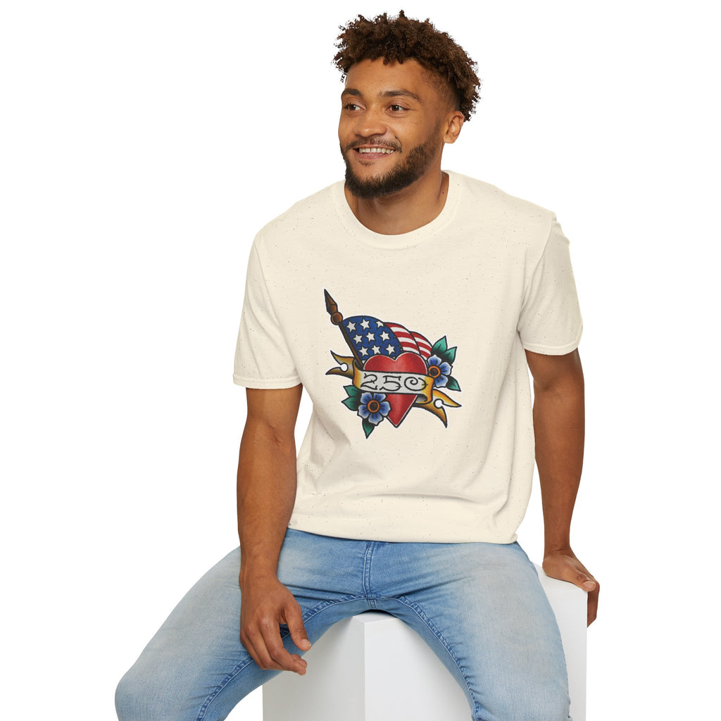 250th Anniversary American Flag and Heart Tattoo Unisex Softstyle T‑Shirt